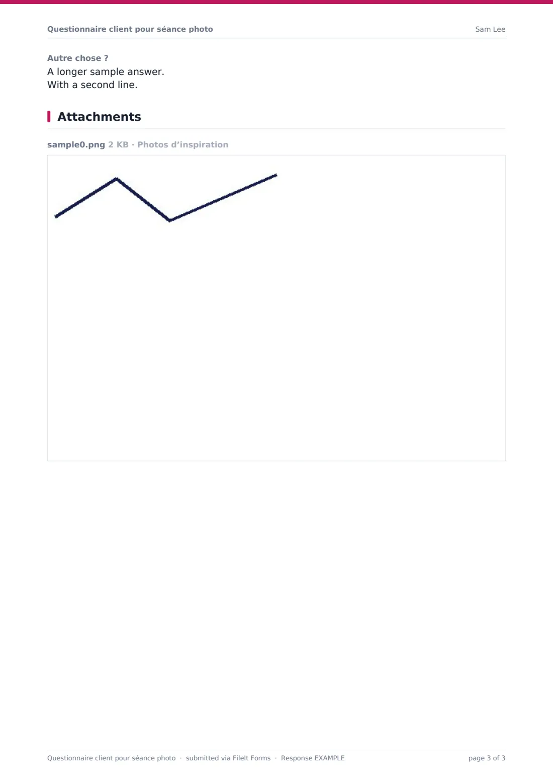 Questionnaire client pour séance photo — exemple de réponse au format PDF, page 3 sur 3