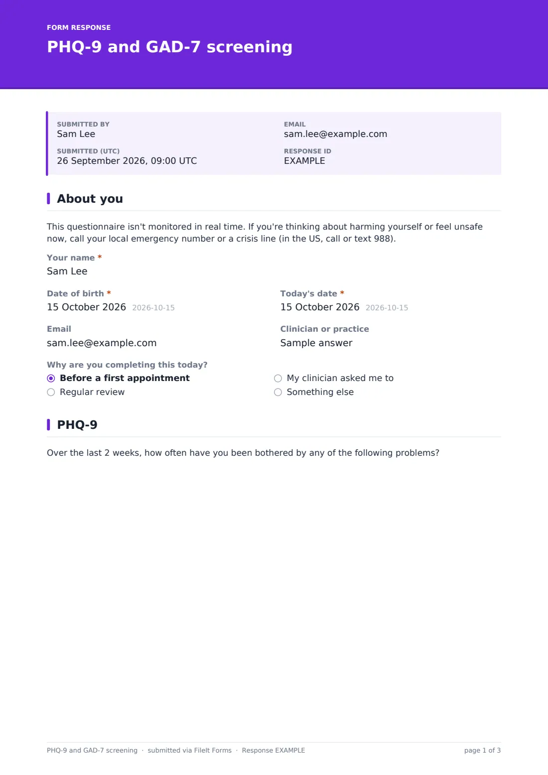 PHQ-9 and GAD-7 screening — example response PDF, page 1 of 3