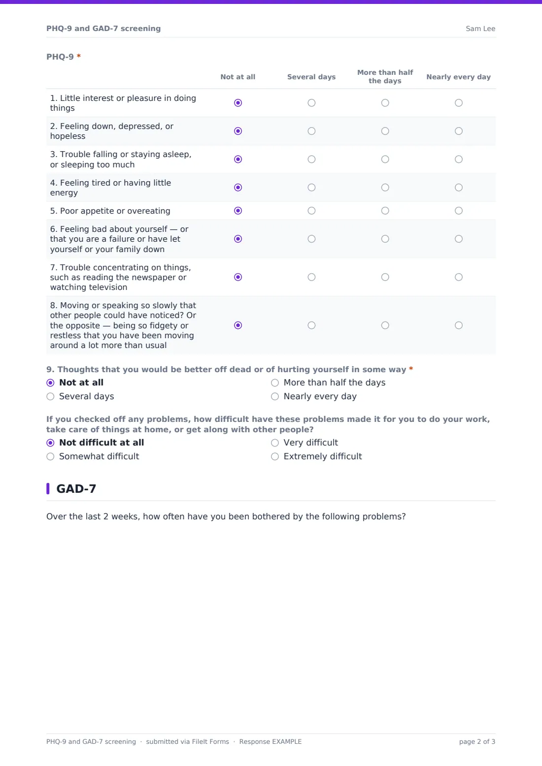 PHQ-9 and GAD-7 screening — example response PDF, page 2 of 3