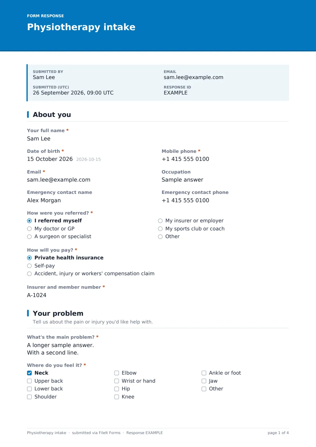 Physiotherapy intake — example response PDF, page 1 of 4