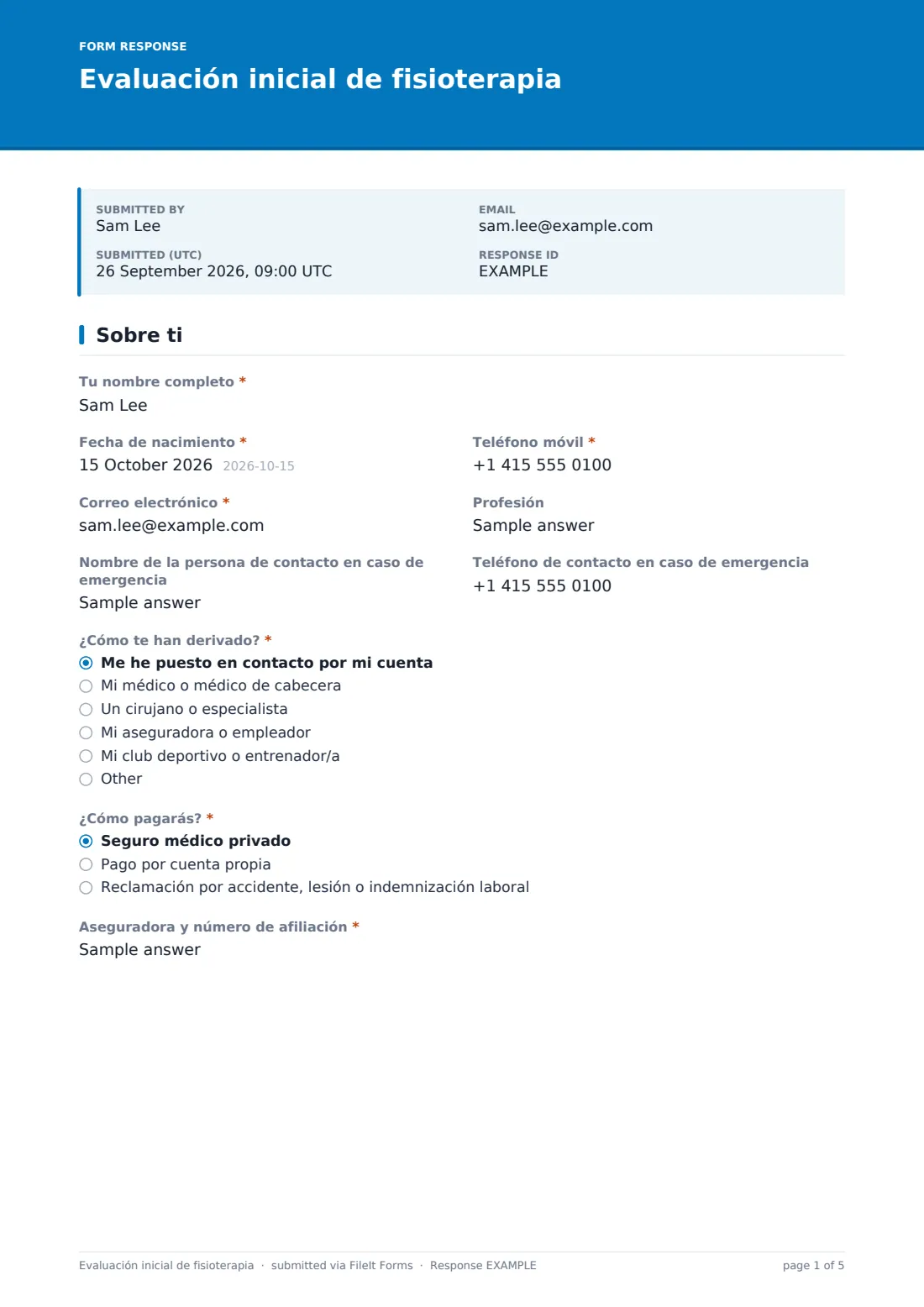 Evaluación inicial de fisioterapia — PDF de respuesta de ejemplo, página 1 de 5