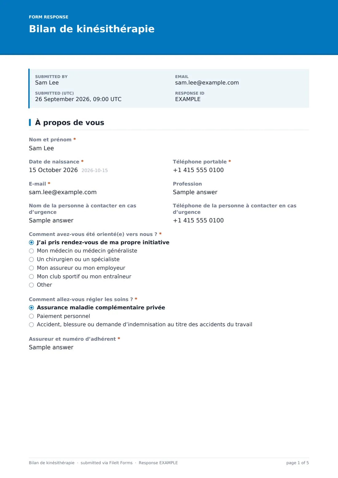 Bilan de kinésithérapie — exemple de réponse au format PDF, page 1 sur 5