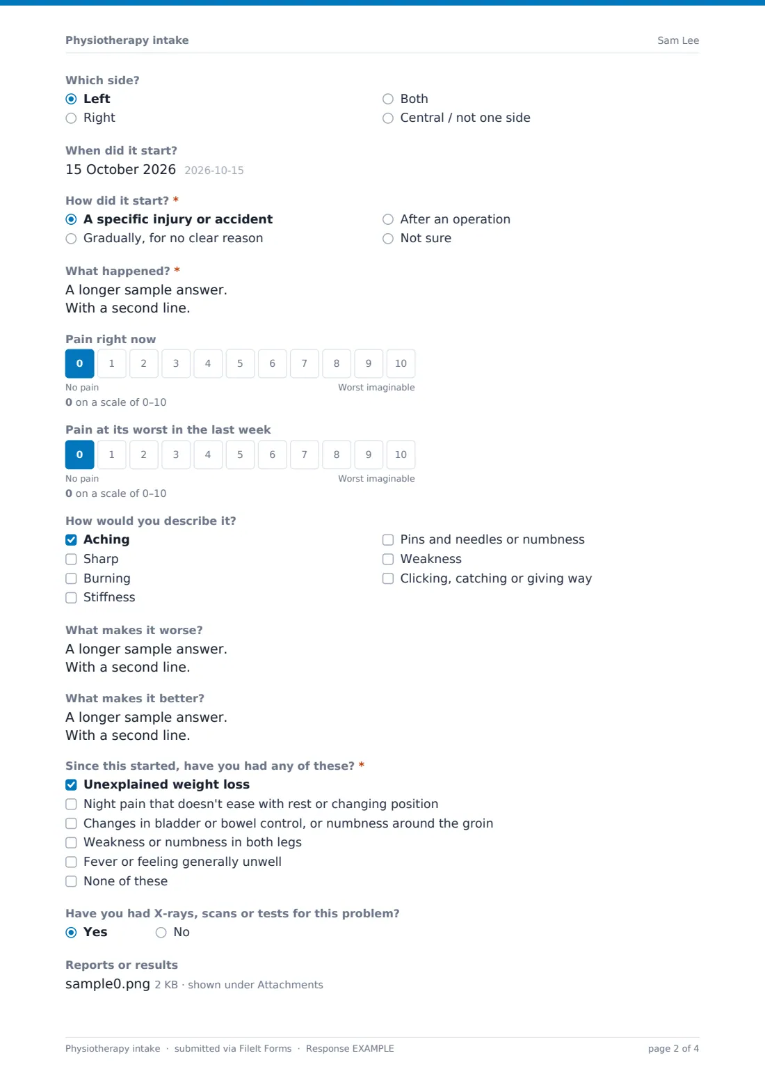 Physiotherapy intake — example response PDF, page 2 of 4