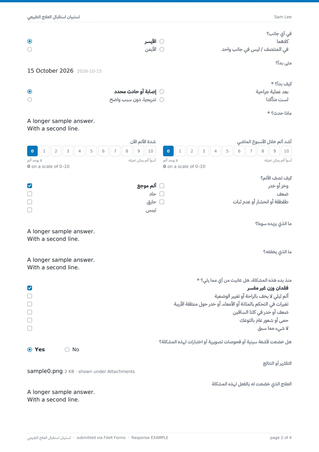 استبيان استقبال العلاج الطبيعي — ملف PDF لرد نموذجي، الصفحة 2 من 4