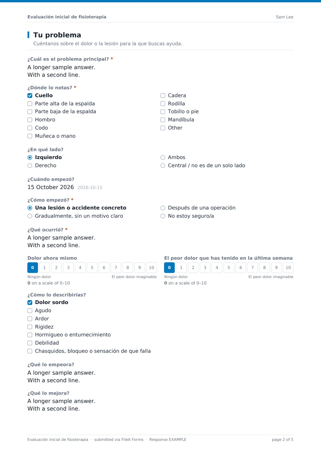 Evaluación inicial de fisioterapia — PDF de respuesta de ejemplo, página 2 de 5