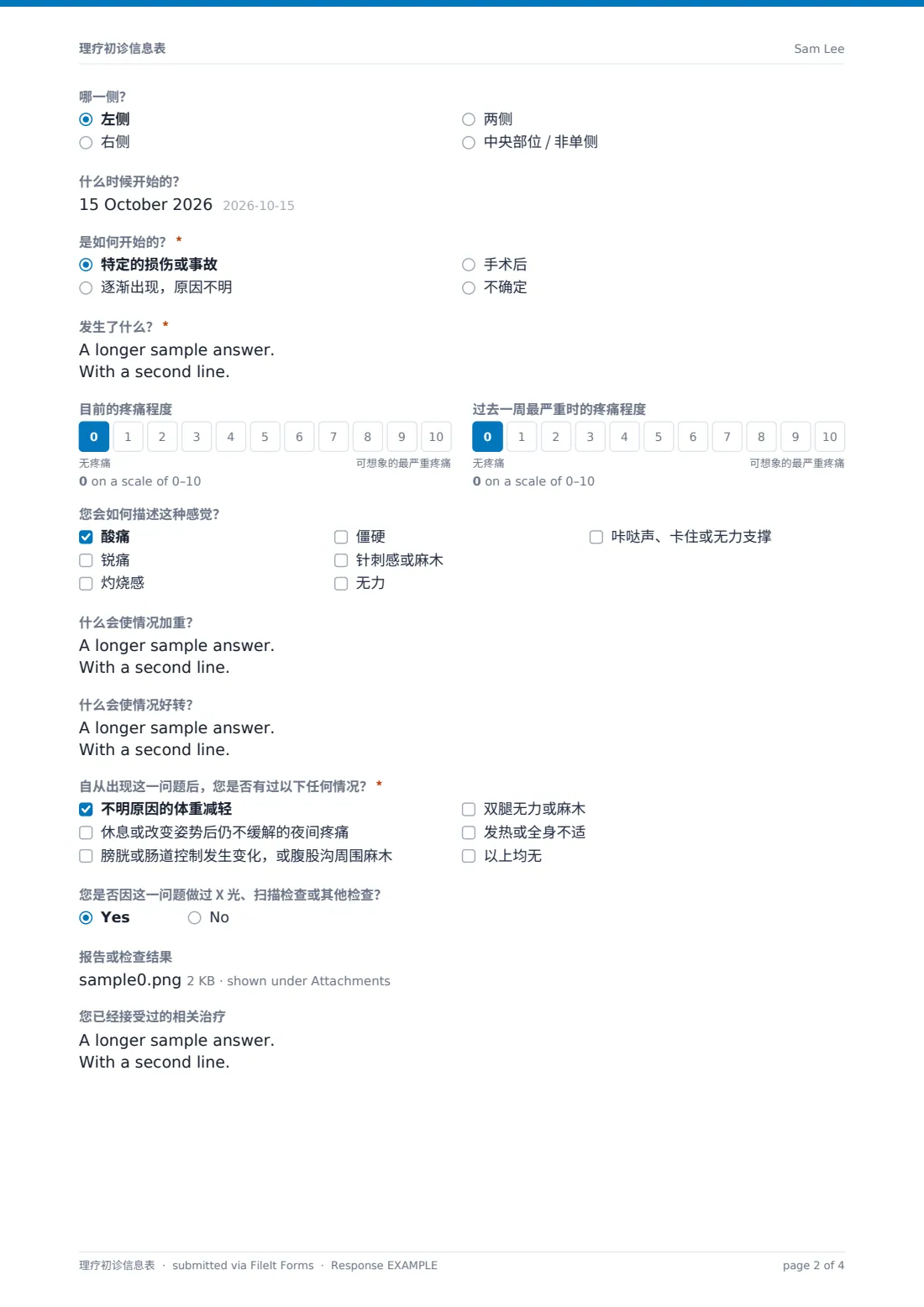 理疗初诊信息表 — 示例回复 PDF，第 2 页，共 4 页