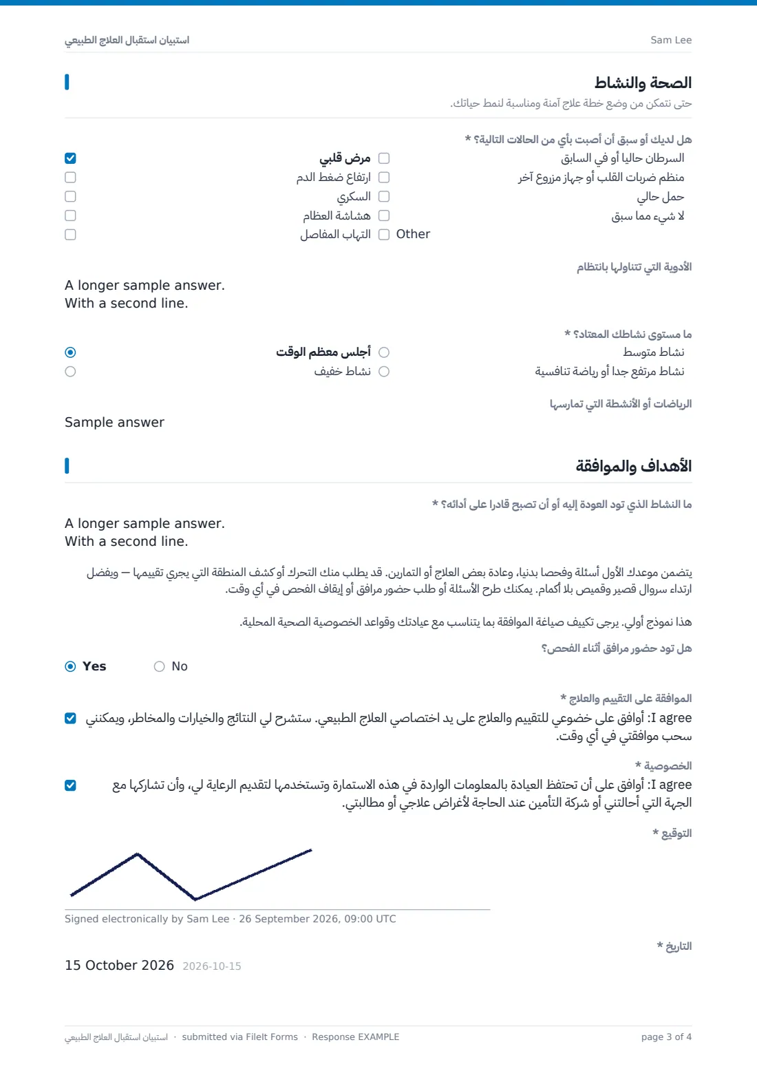 استبيان استقبال العلاج الطبيعي — ملف PDF لرد نموذجي، الصفحة 3 من 4