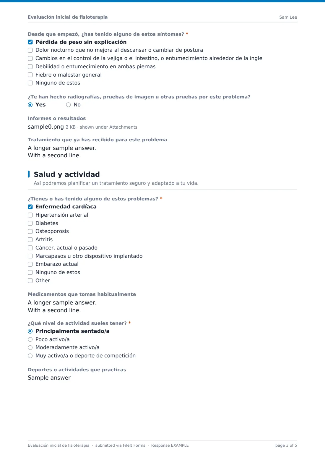 Evaluación inicial de fisioterapia — PDF de respuesta de ejemplo, página 3 de 5