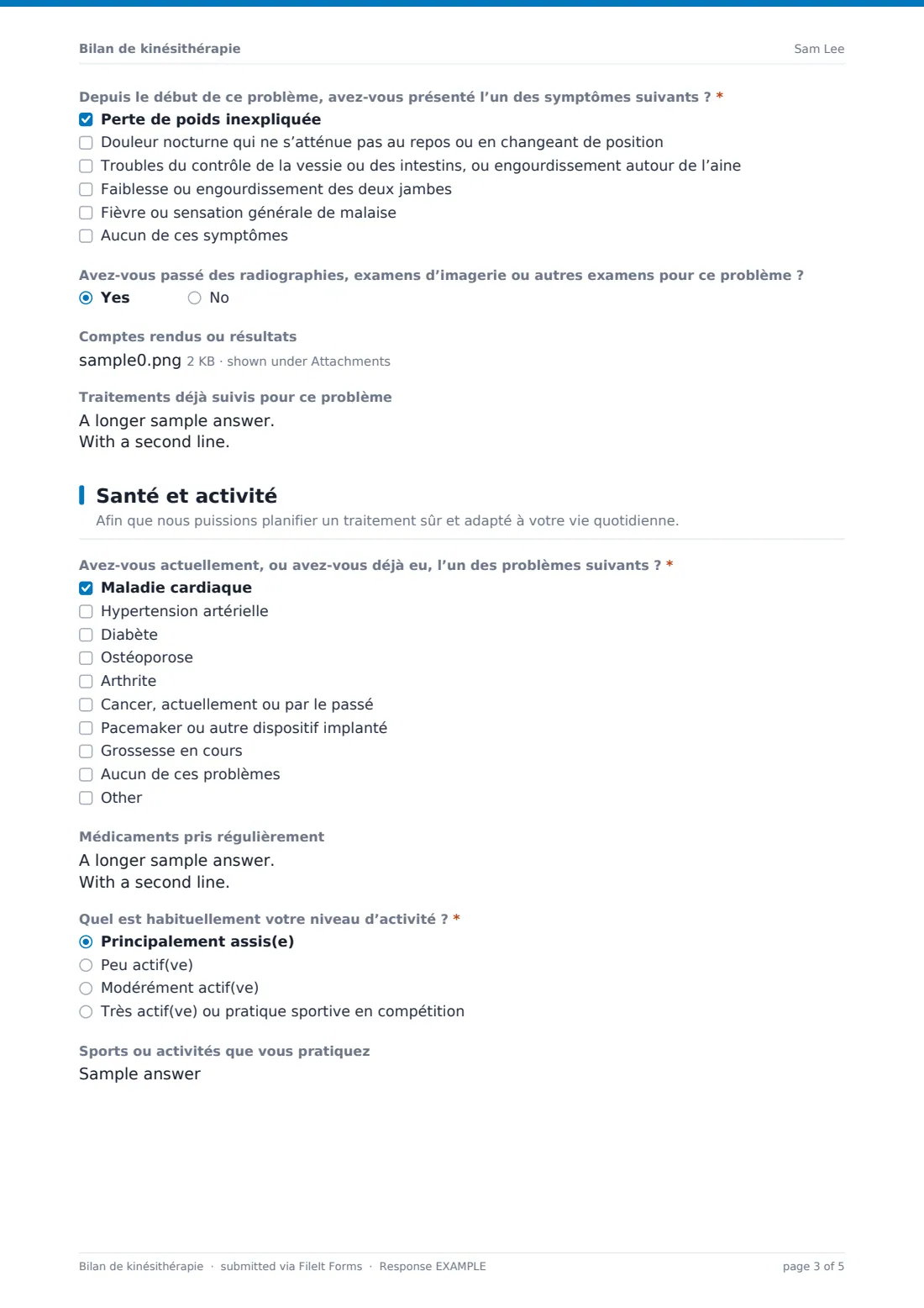 Bilan de kinésithérapie — exemple de réponse au format PDF, page 3 sur 5