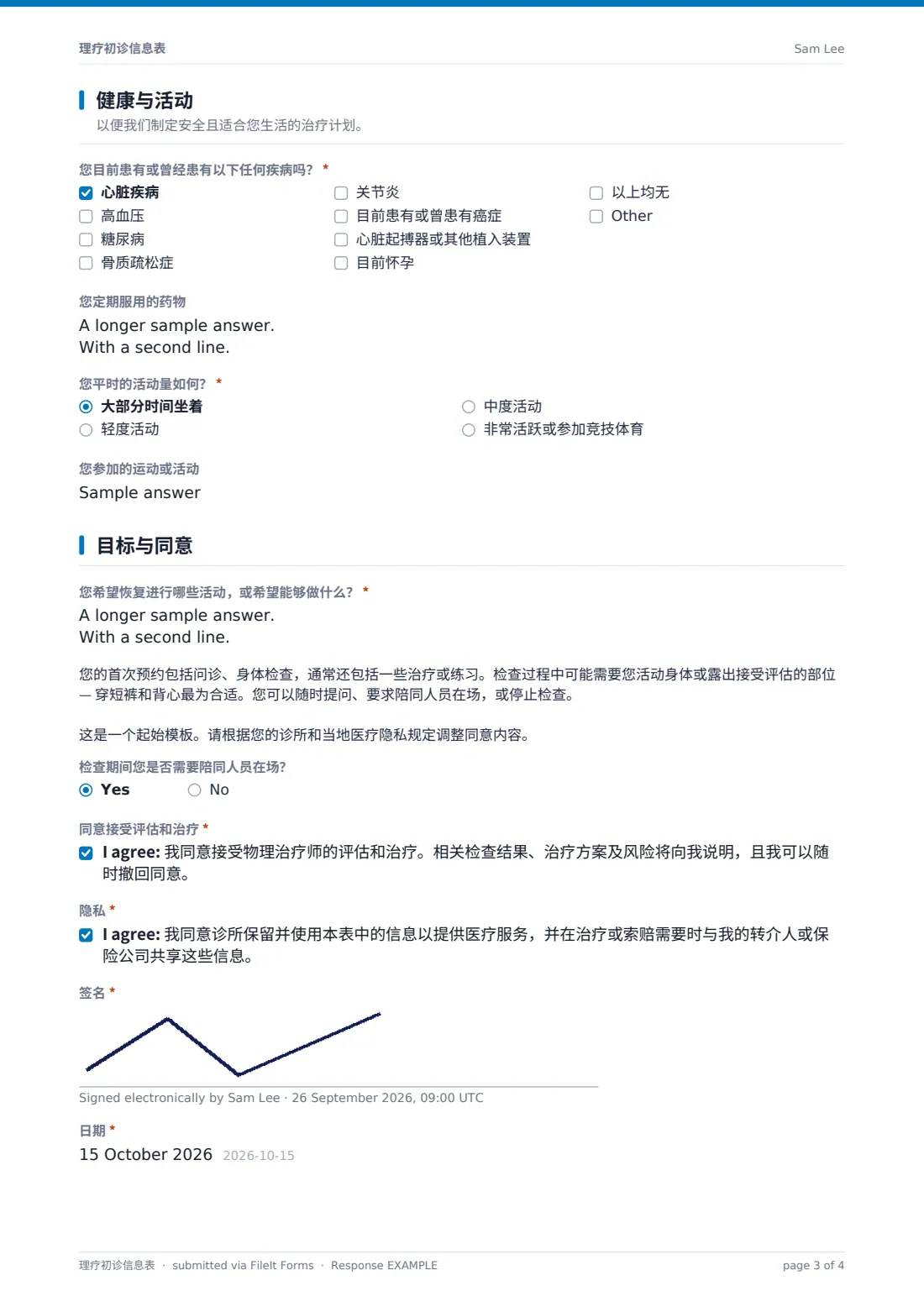 理疗初诊信息表 — 示例回复 PDF，第 3 页，共 4 页
