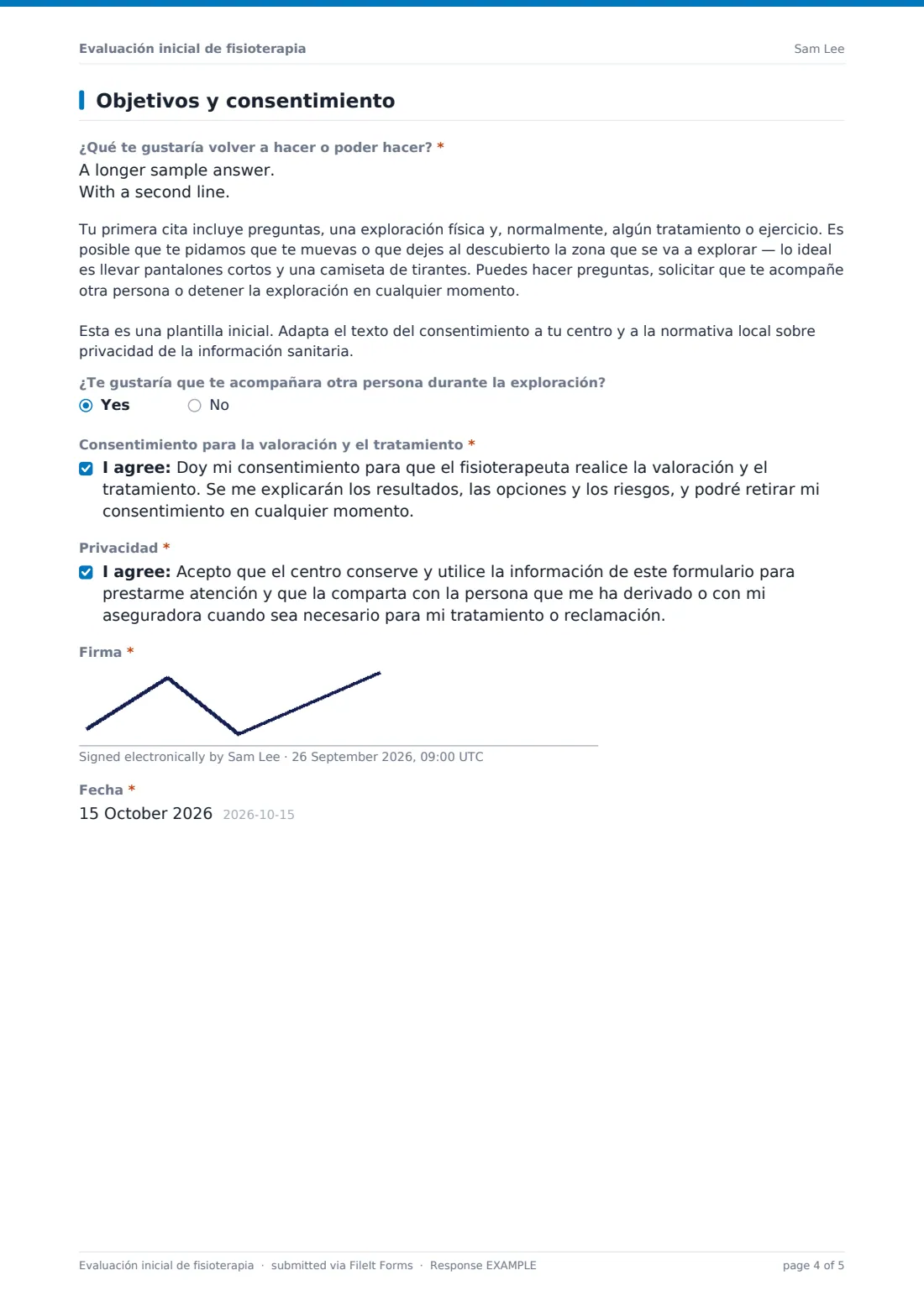 Evaluación inicial de fisioterapia — PDF de respuesta de ejemplo, página 4 de 5