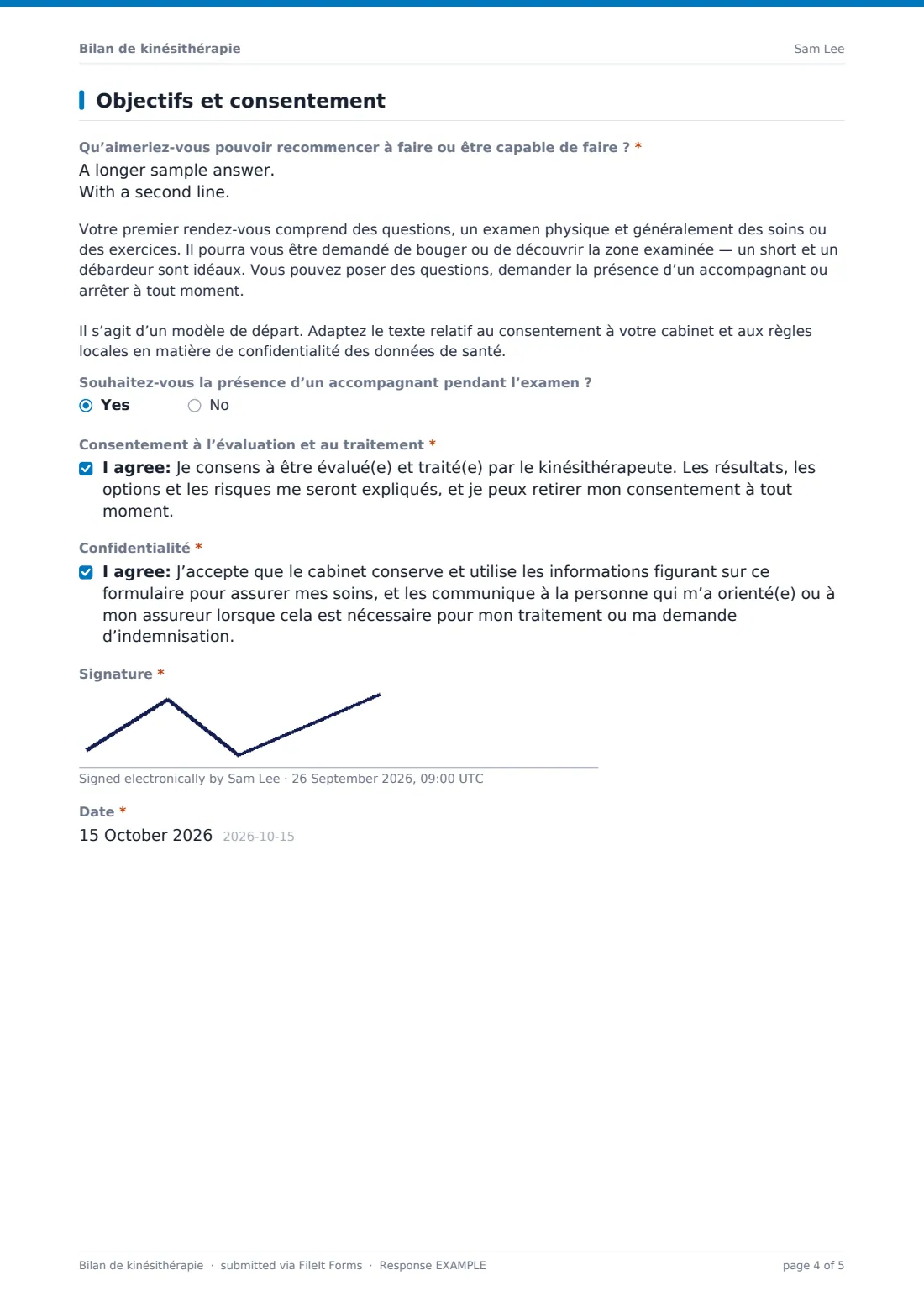 Bilan de kinésithérapie — exemple de réponse au format PDF, page 4 sur 5