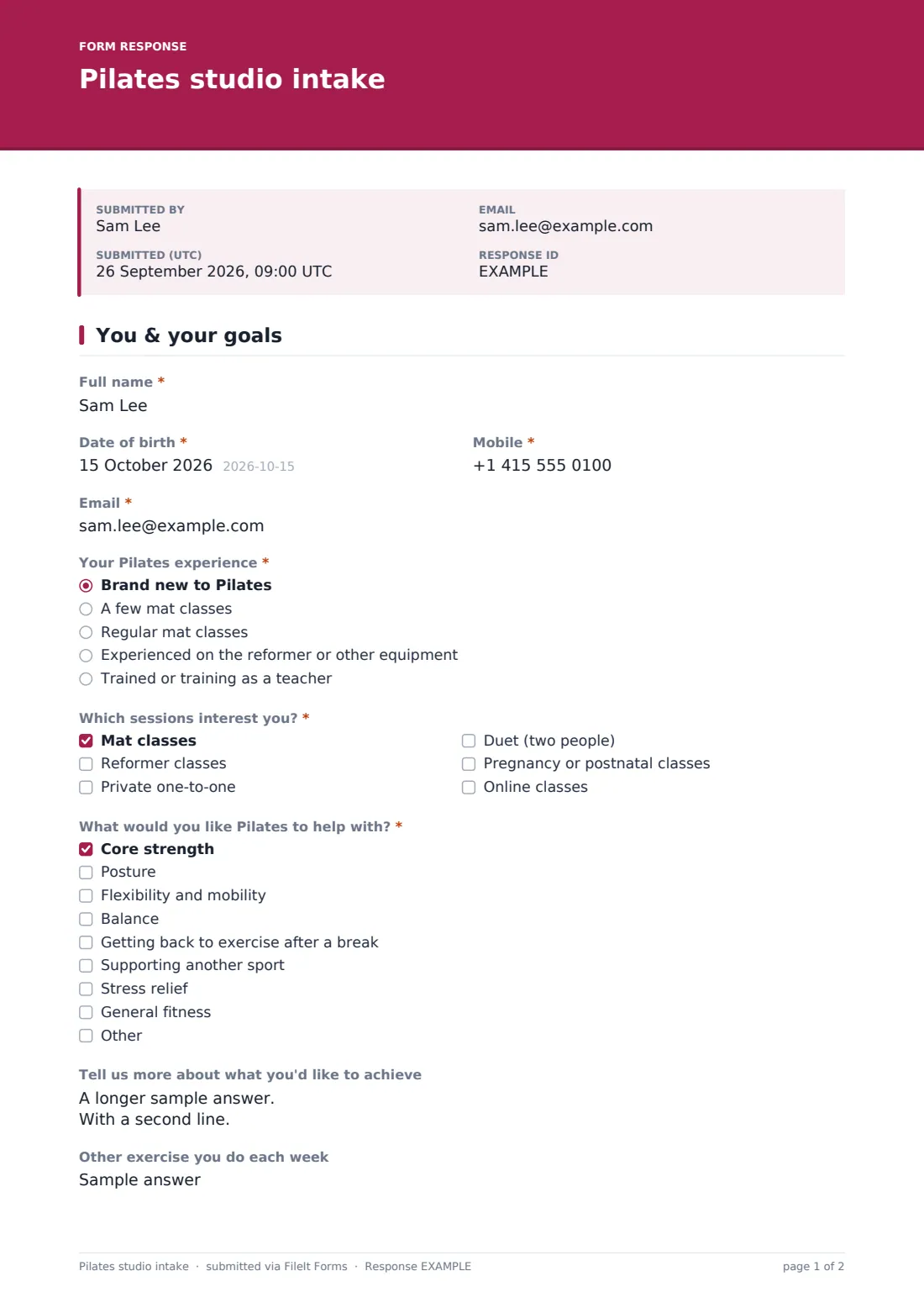 Pilates studio intake — example response PDF, page 1 of 2