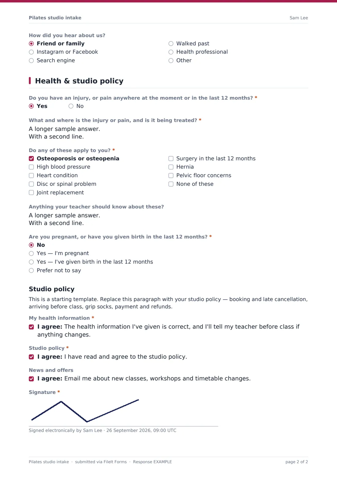 Pilates studio intake — example response PDF, page 2 of 2