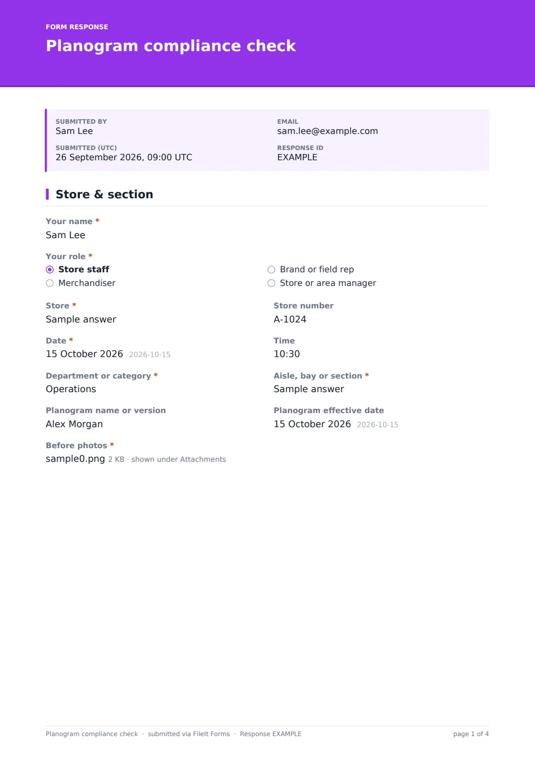 Planogram compliance check — example response PDF, page 1 of 4