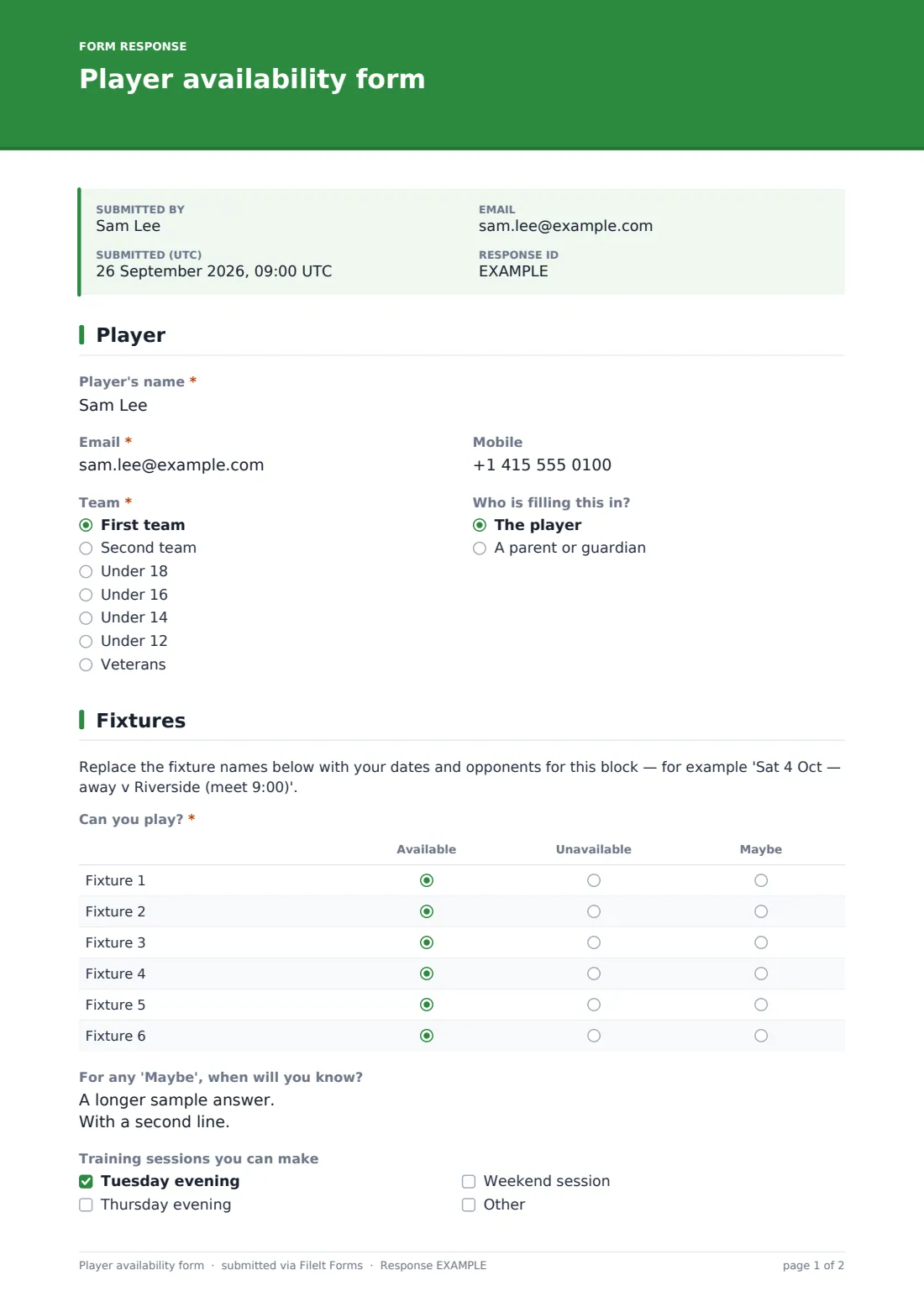 Player availability form — example response PDF, page 1 of 2