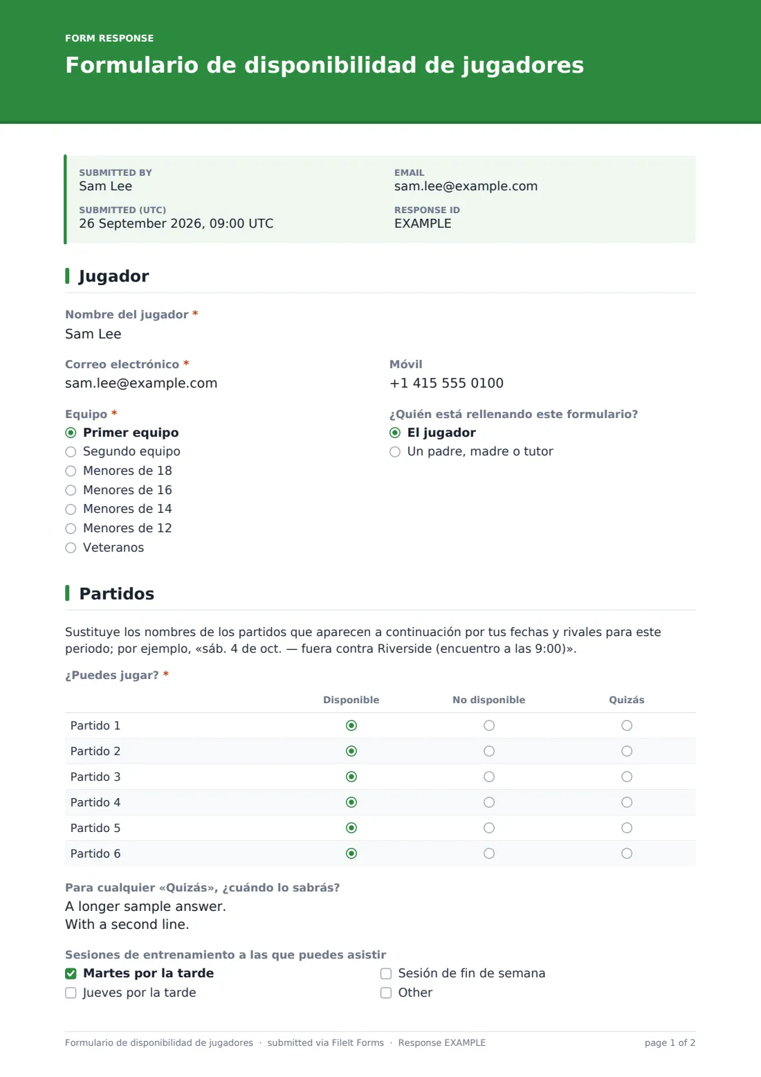 Formulario de disponibilidad de jugadores — PDF de respuesta de ejemplo, página 1 de 2