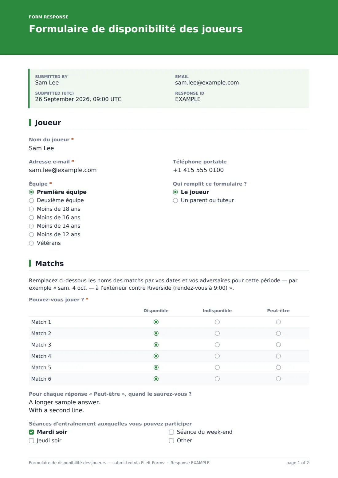 Formulaire de disponibilité des joueurs — exemple de réponse au format PDF, page 1 sur 2