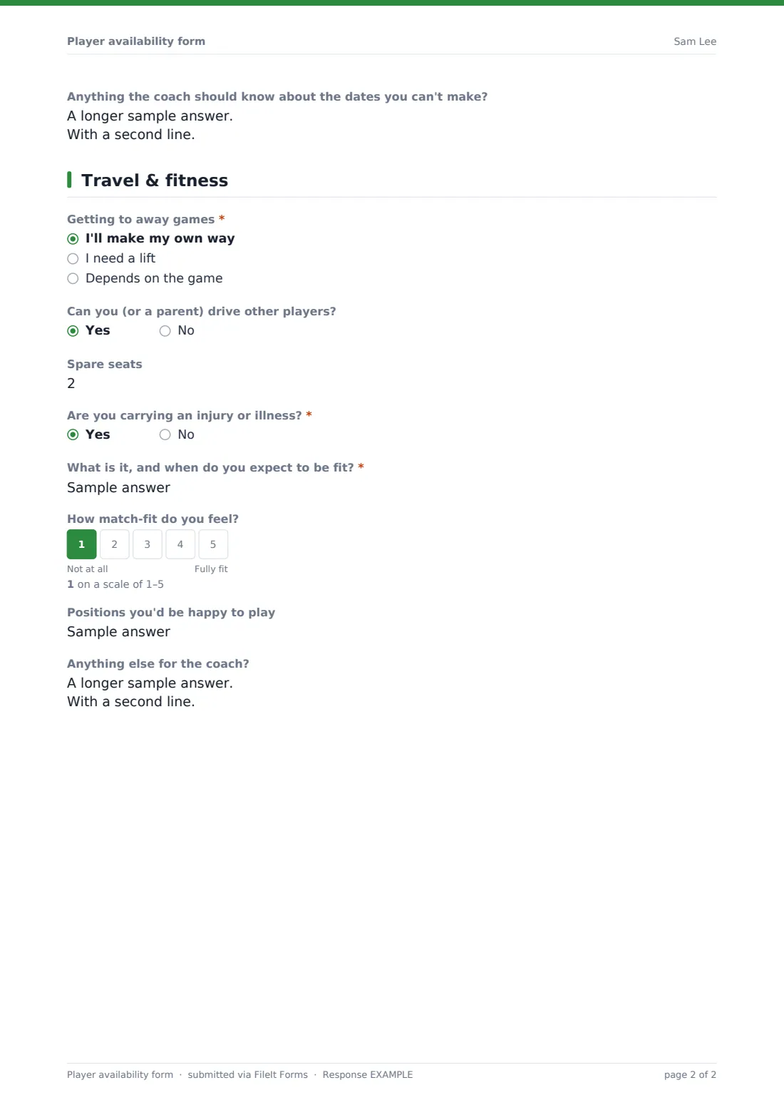 Player availability form — example response PDF, page 2 of 2