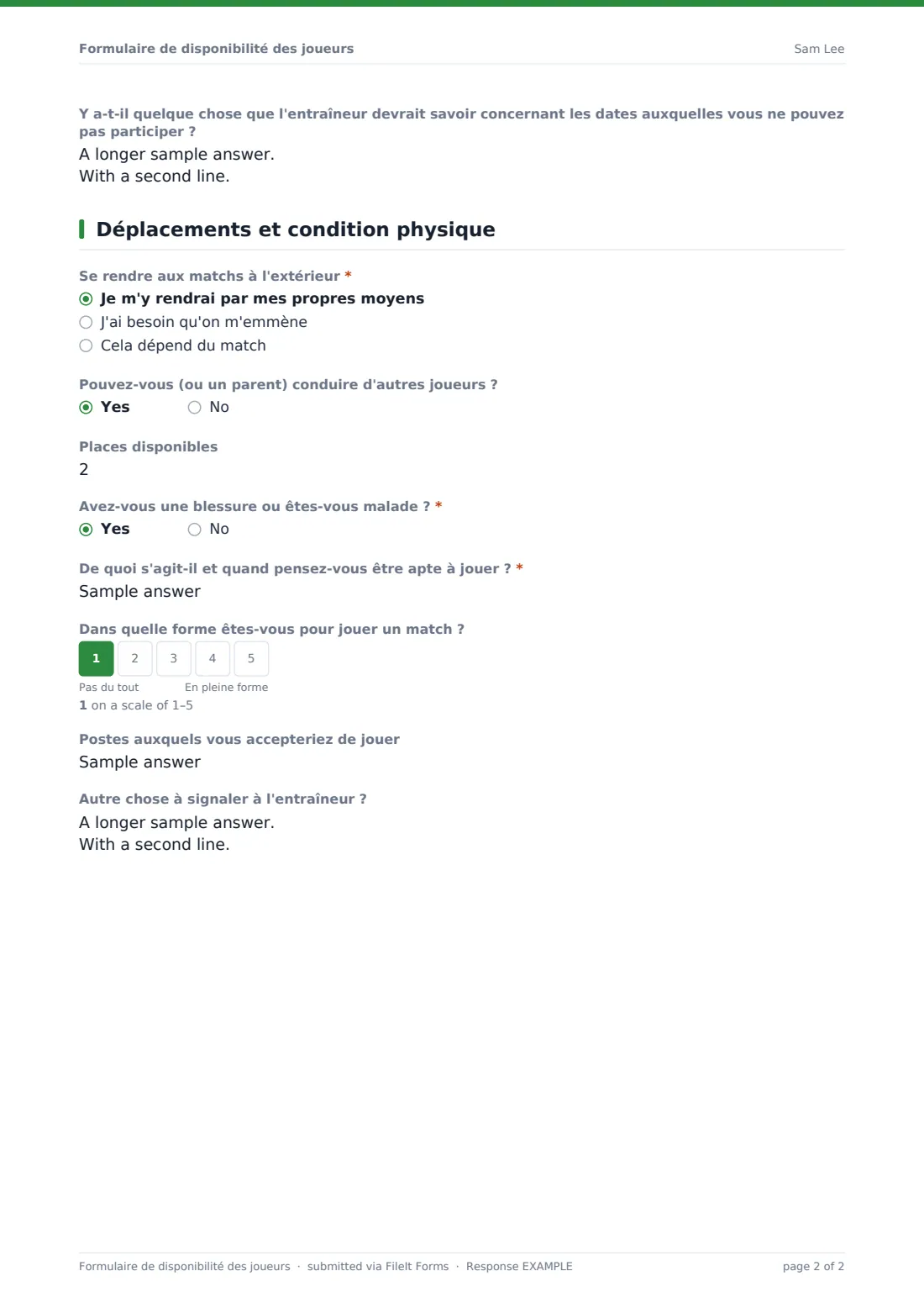 Formulaire de disponibilité des joueurs — exemple de réponse au format PDF, page 2 sur 2