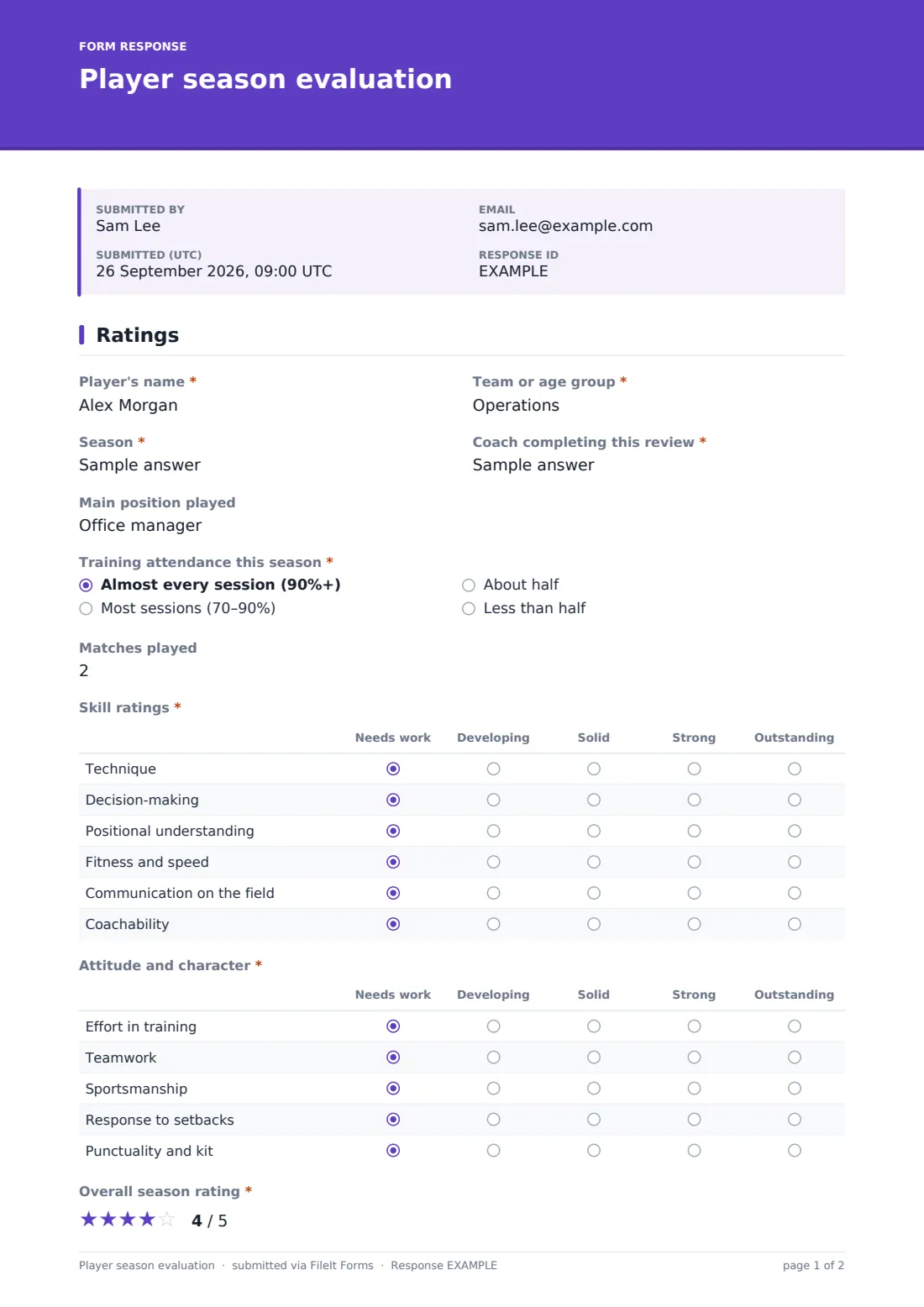 Player season evaluation — example response PDF, page 1 of 2