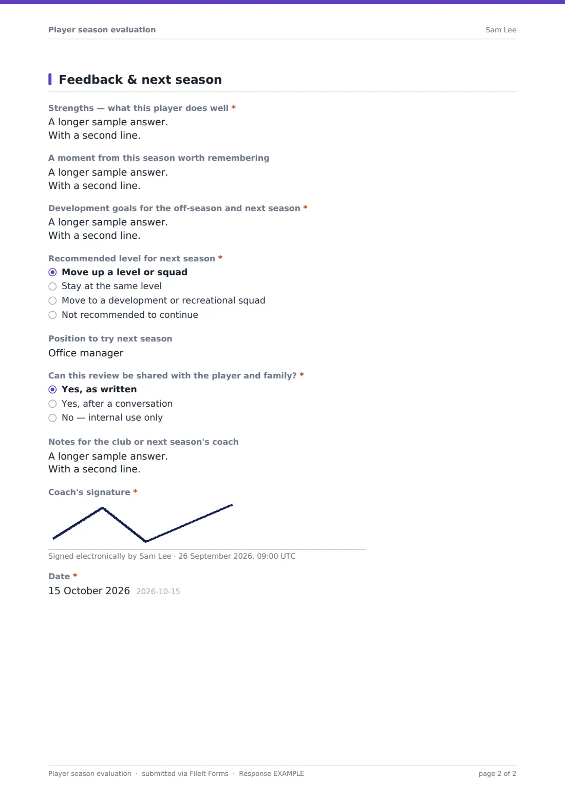 Player season evaluation — example response PDF, page 2 of 2