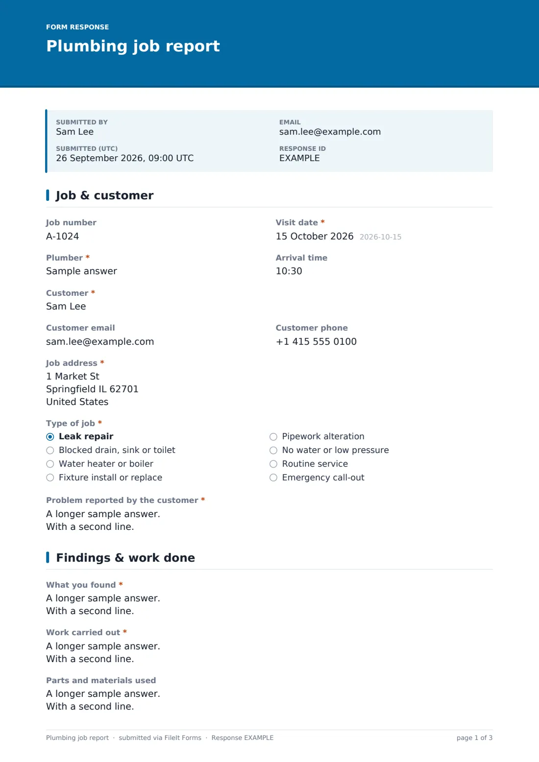 Plumbing job report — example response PDF, page 1 of 3