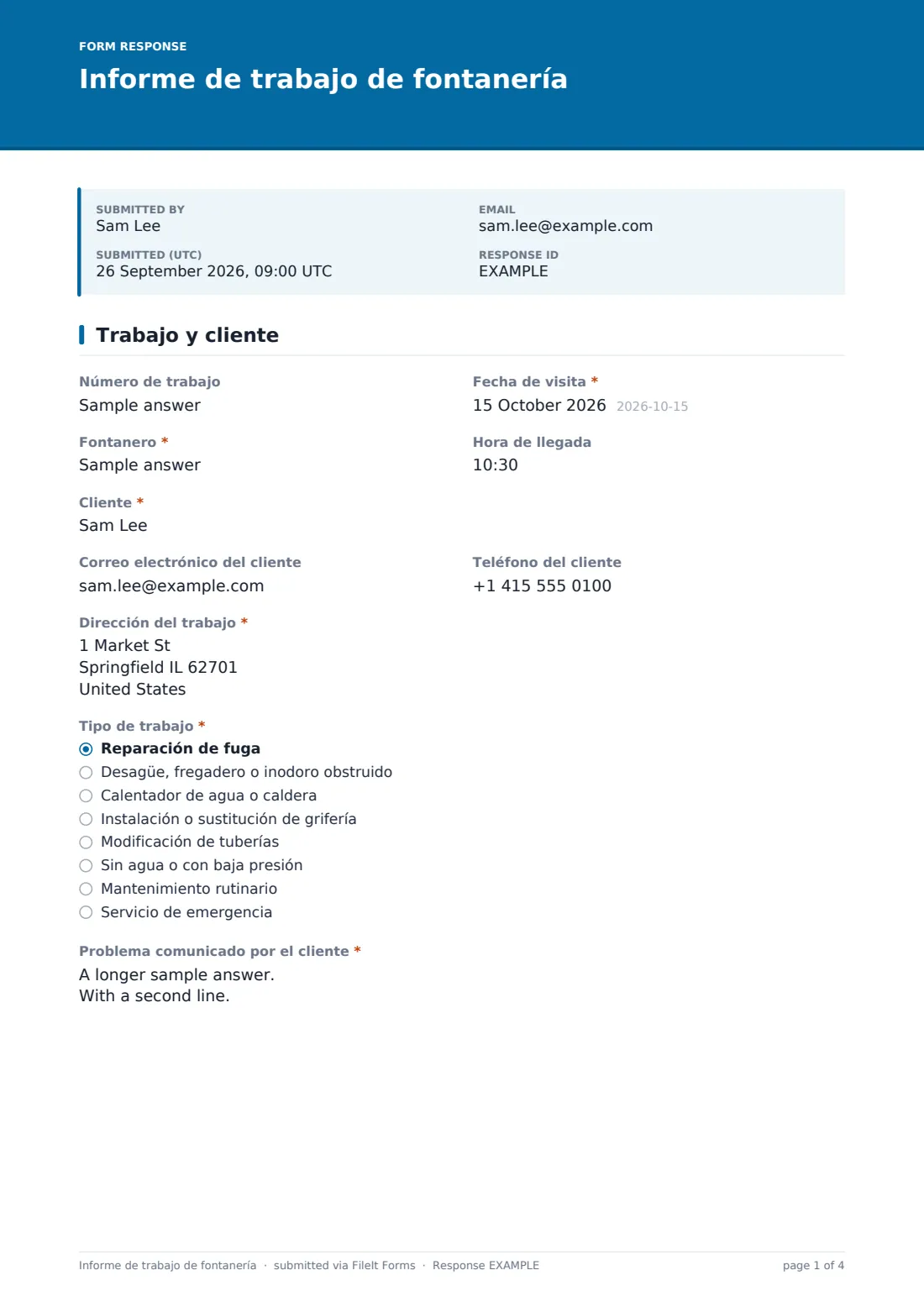 Informe de trabajo de fontanería — PDF de respuesta de ejemplo, página 1 de 4