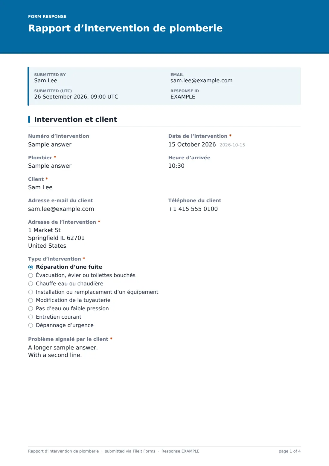 Rapport d’intervention de plomberie — exemple de réponse au format PDF, page 1 sur 4