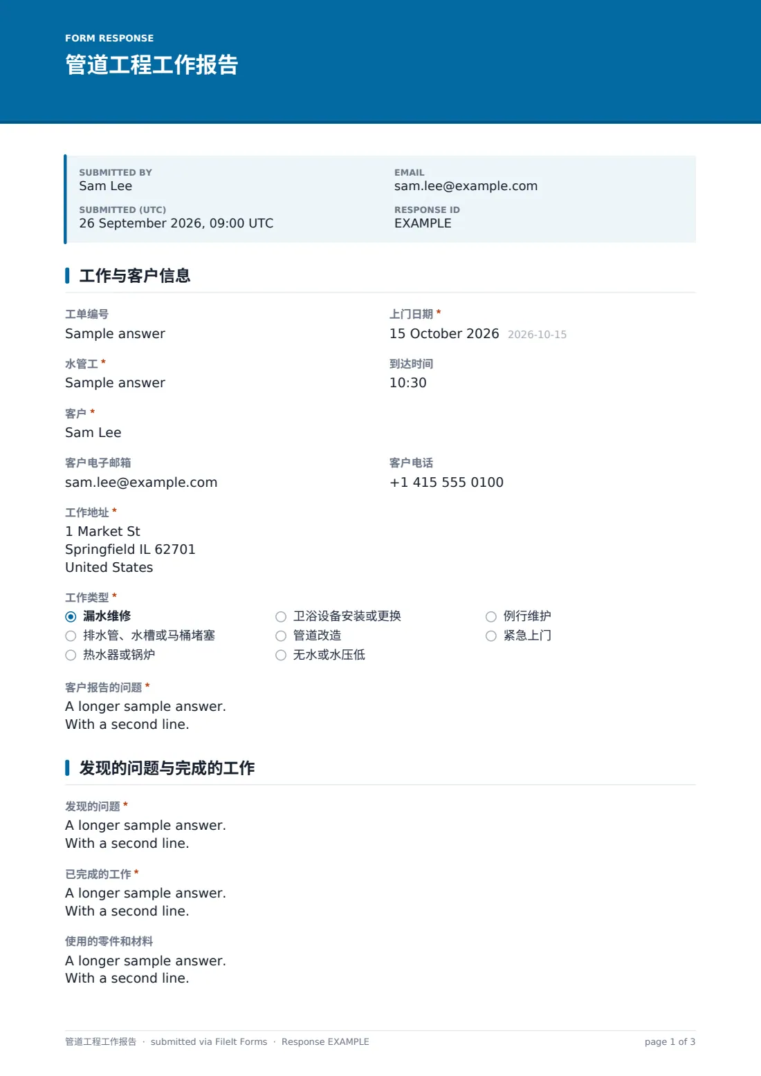 管道工程工作报告 — 示例回复 PDF，第 1 页，共 3 页