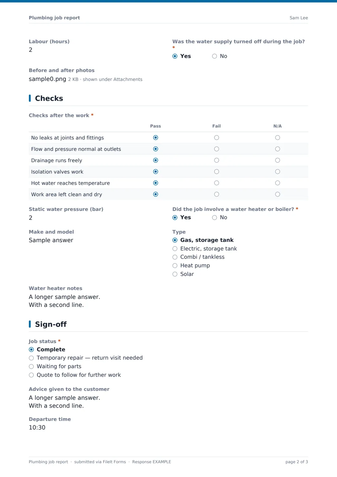 Plumbing job report — example response PDF, page 2 of 3