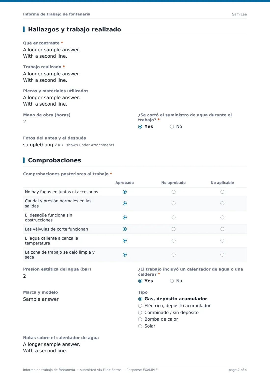 Informe de trabajo de fontanería — PDF de respuesta de ejemplo, página 2 de 4