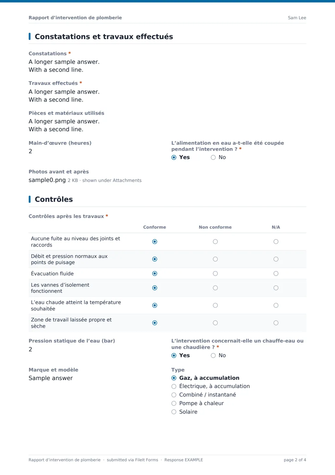 Rapport d’intervention de plomberie — exemple de réponse au format PDF, page 2 sur 4