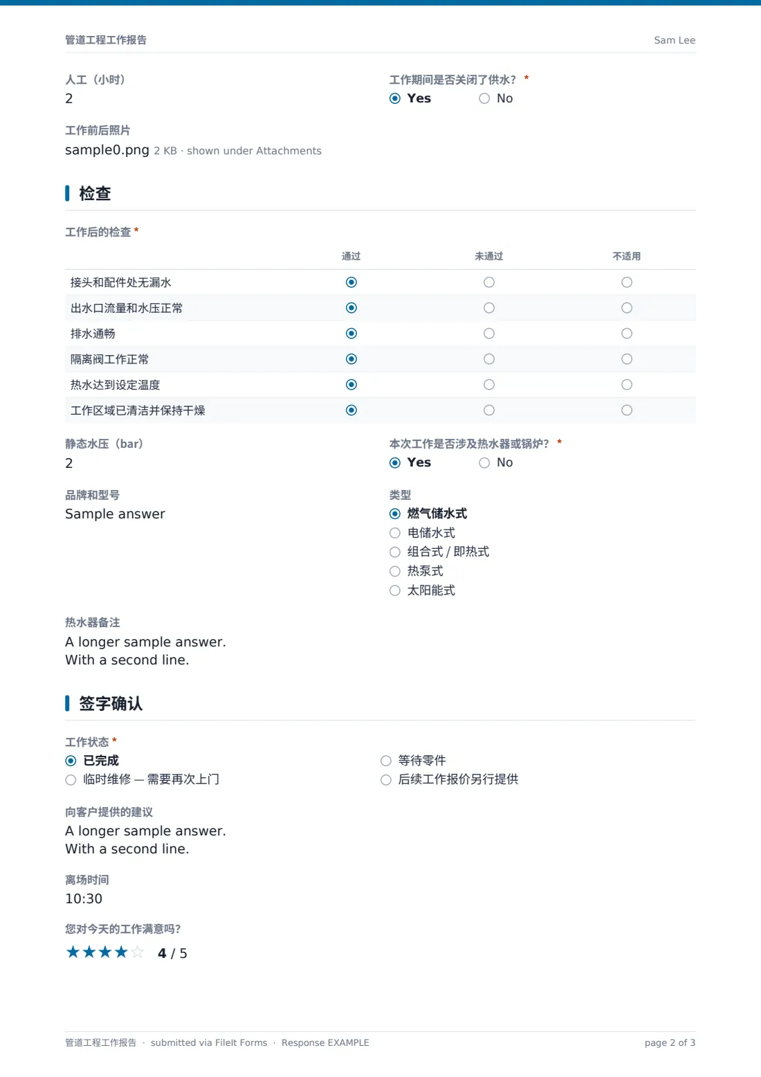 管道工程工作报告 — 示例回复 PDF，第 2 页，共 3 页