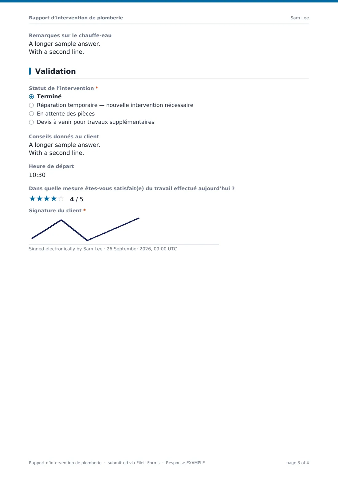 Rapport d’intervention de plomberie — exemple de réponse au format PDF, page 3 sur 4