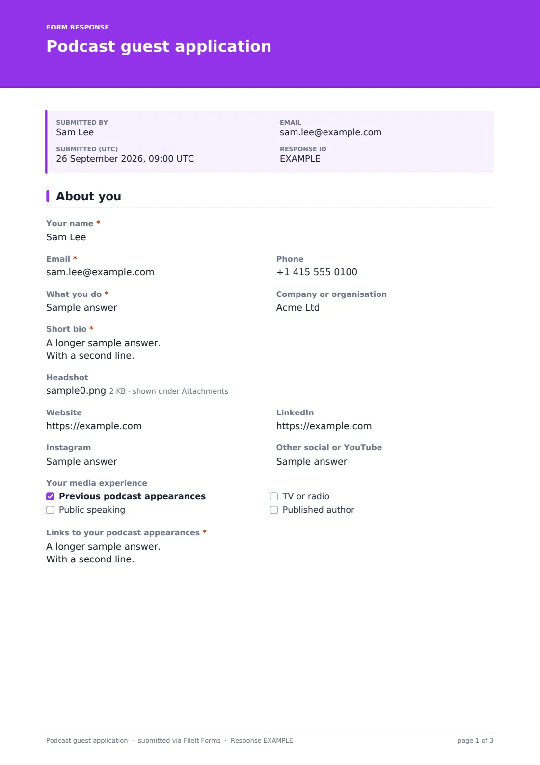 Podcast guest application — example response PDF, page 1 of 3