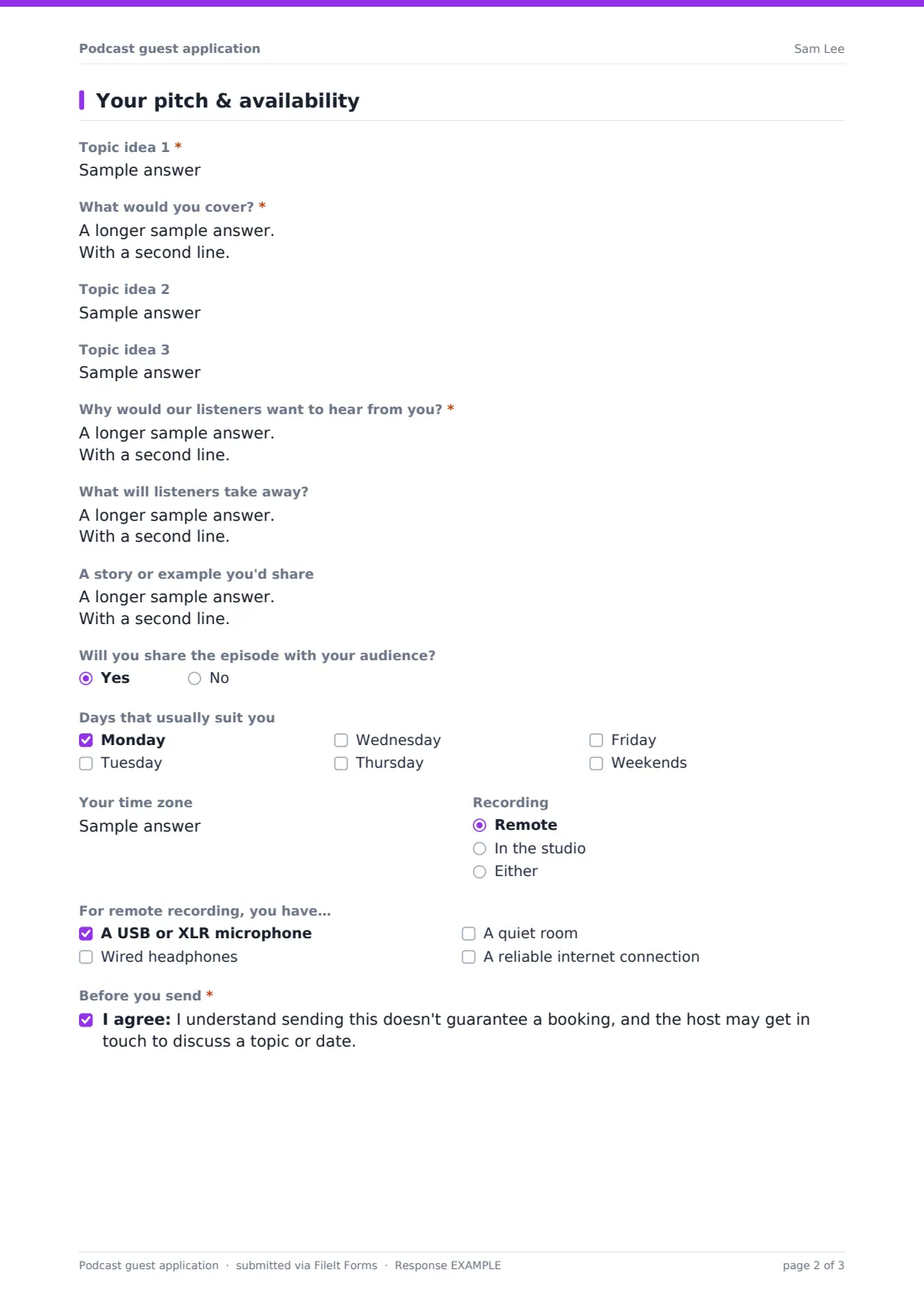 Podcast guest application — example response PDF, page 2 of 3