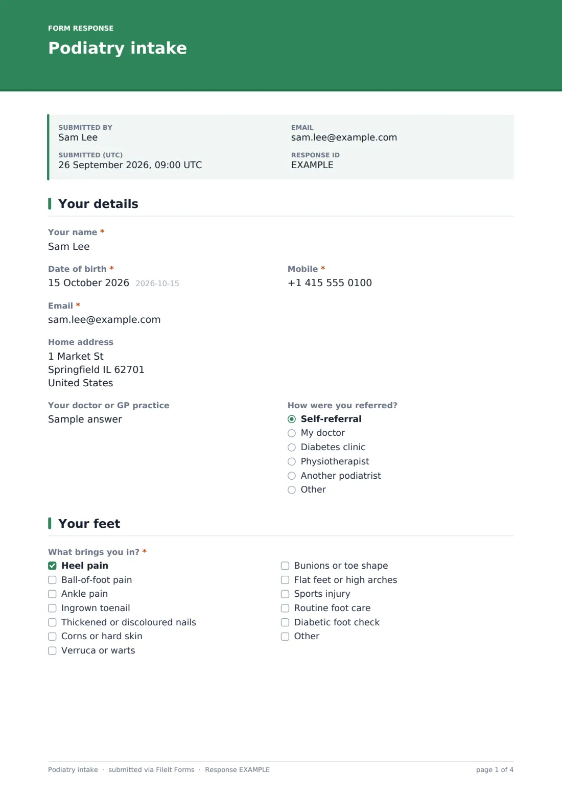 Podiatry intake — example response PDF, page 1 of 4