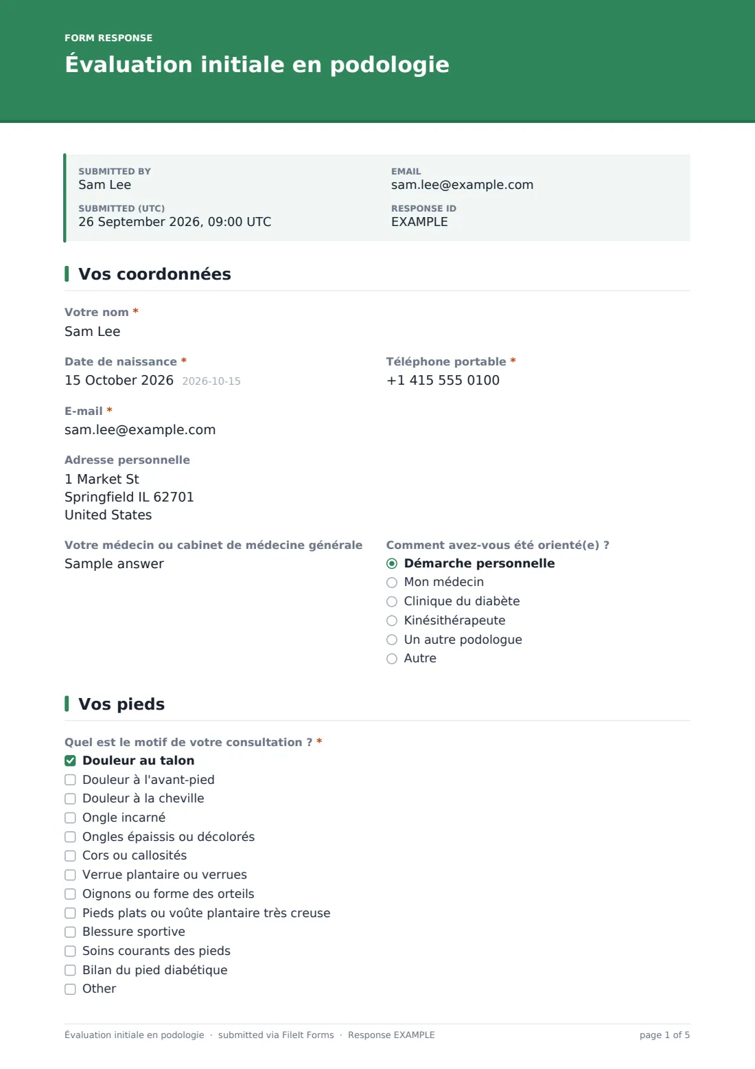 Évaluation initiale en podologie — exemple de réponse au format PDF, page 1 sur 5
