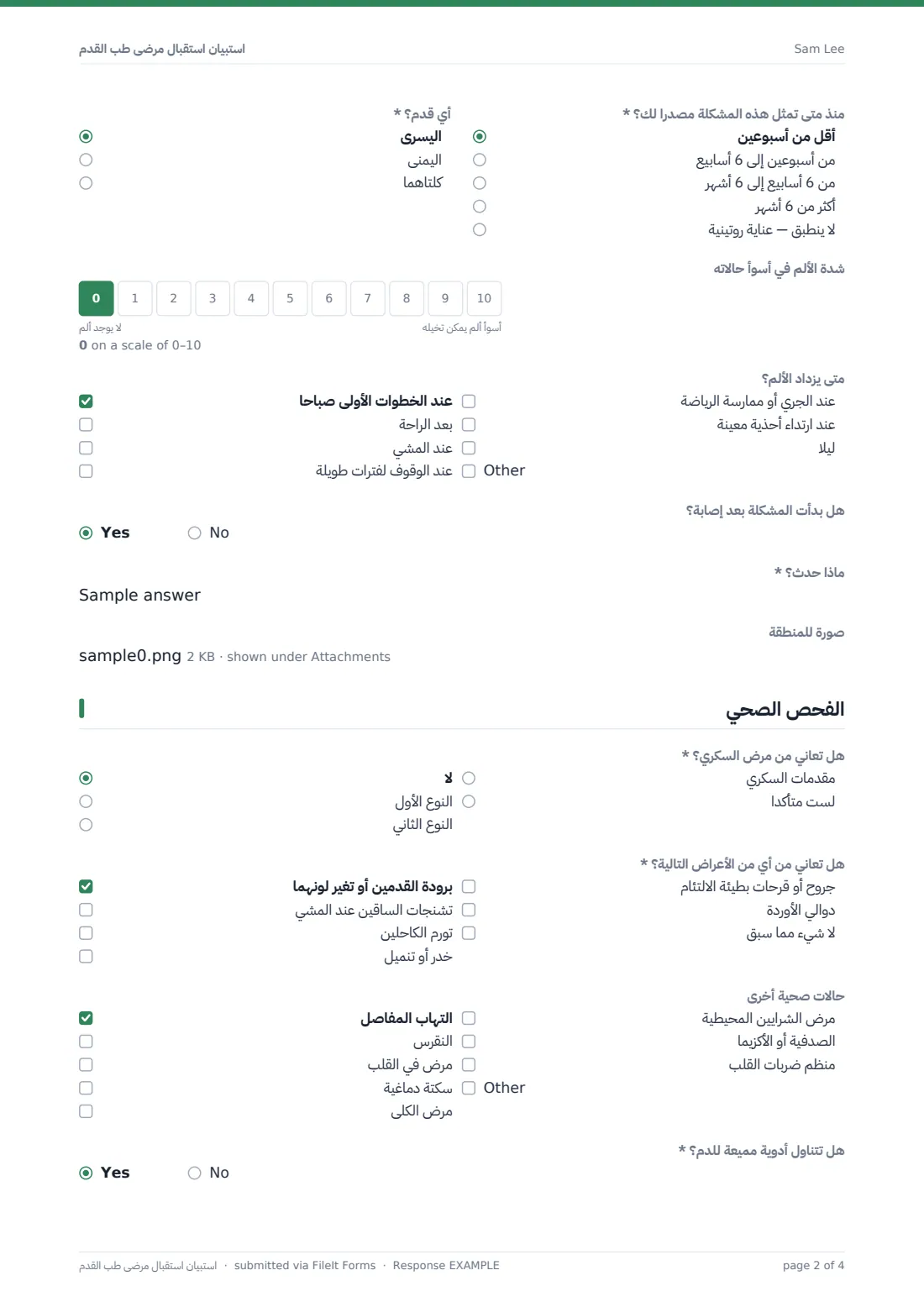 استبيان استقبال مرضى طب القدم — ملف PDF لرد نموذجي، الصفحة 2 من 4