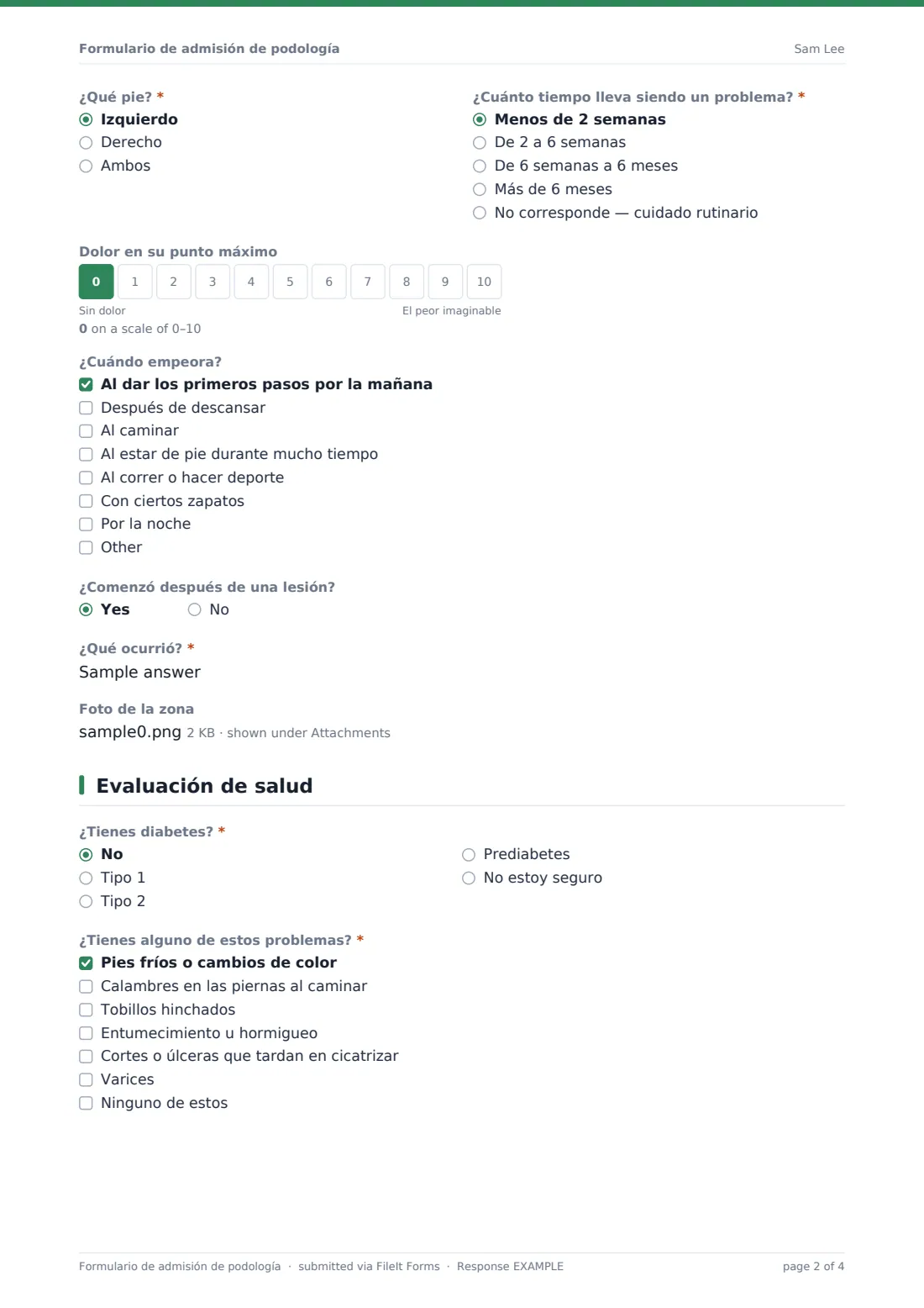 Formulario de admisión de podología — PDF de respuesta de ejemplo, página 2 de 4