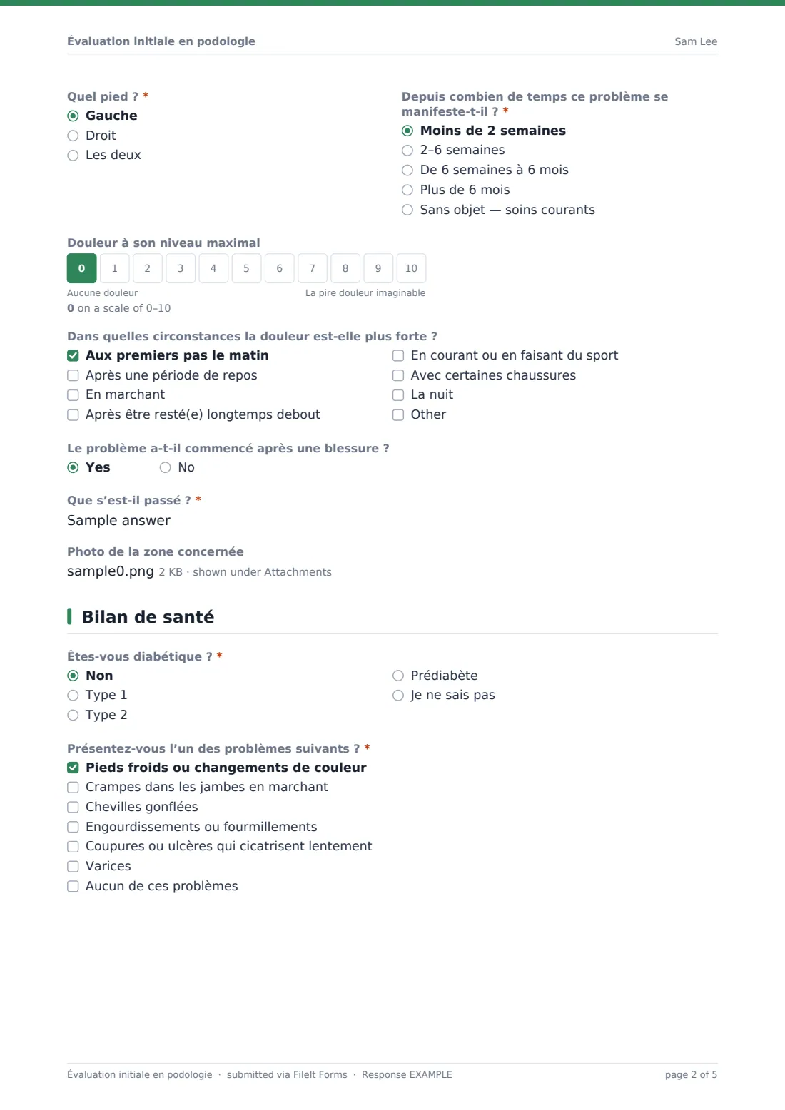 Évaluation initiale en podologie — exemple de réponse au format PDF, page 2 sur 5