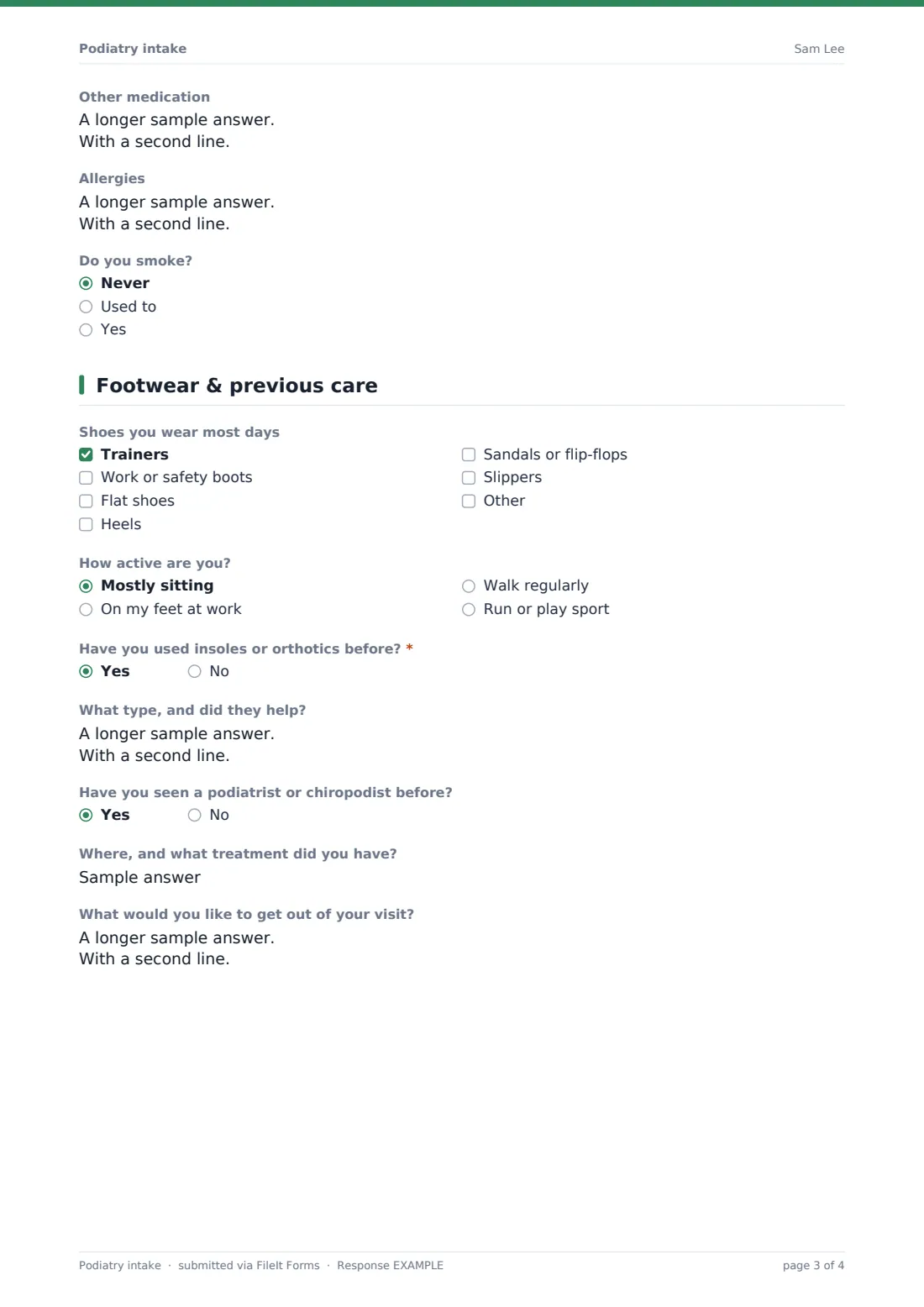 Podiatry intake — example response PDF, page 3 of 4