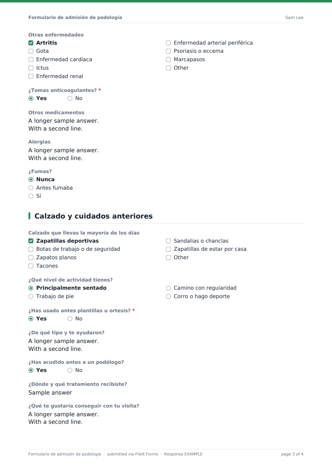 Formulario de admisión de podología — PDF de respuesta de ejemplo, página 3 de 4