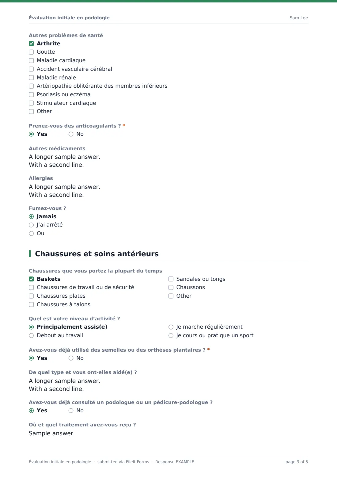 Évaluation initiale en podologie — exemple de réponse au format PDF, page 3 sur 5