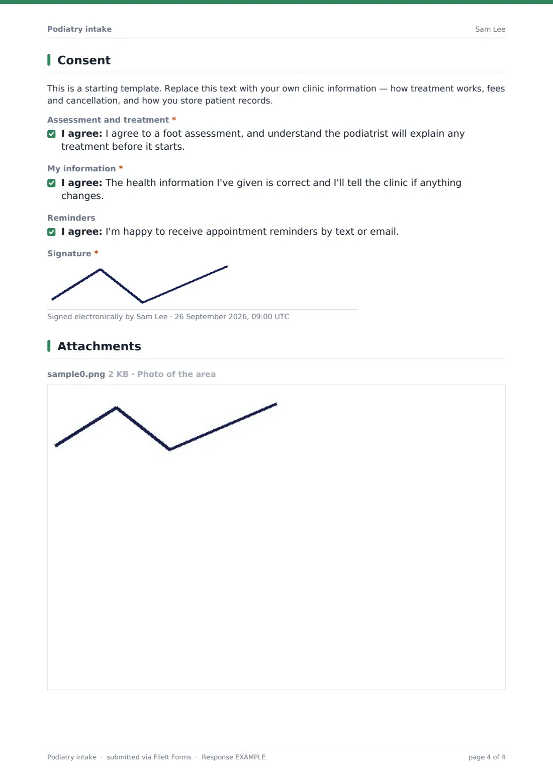 Podiatry intake — example response PDF, page 4 of 4
