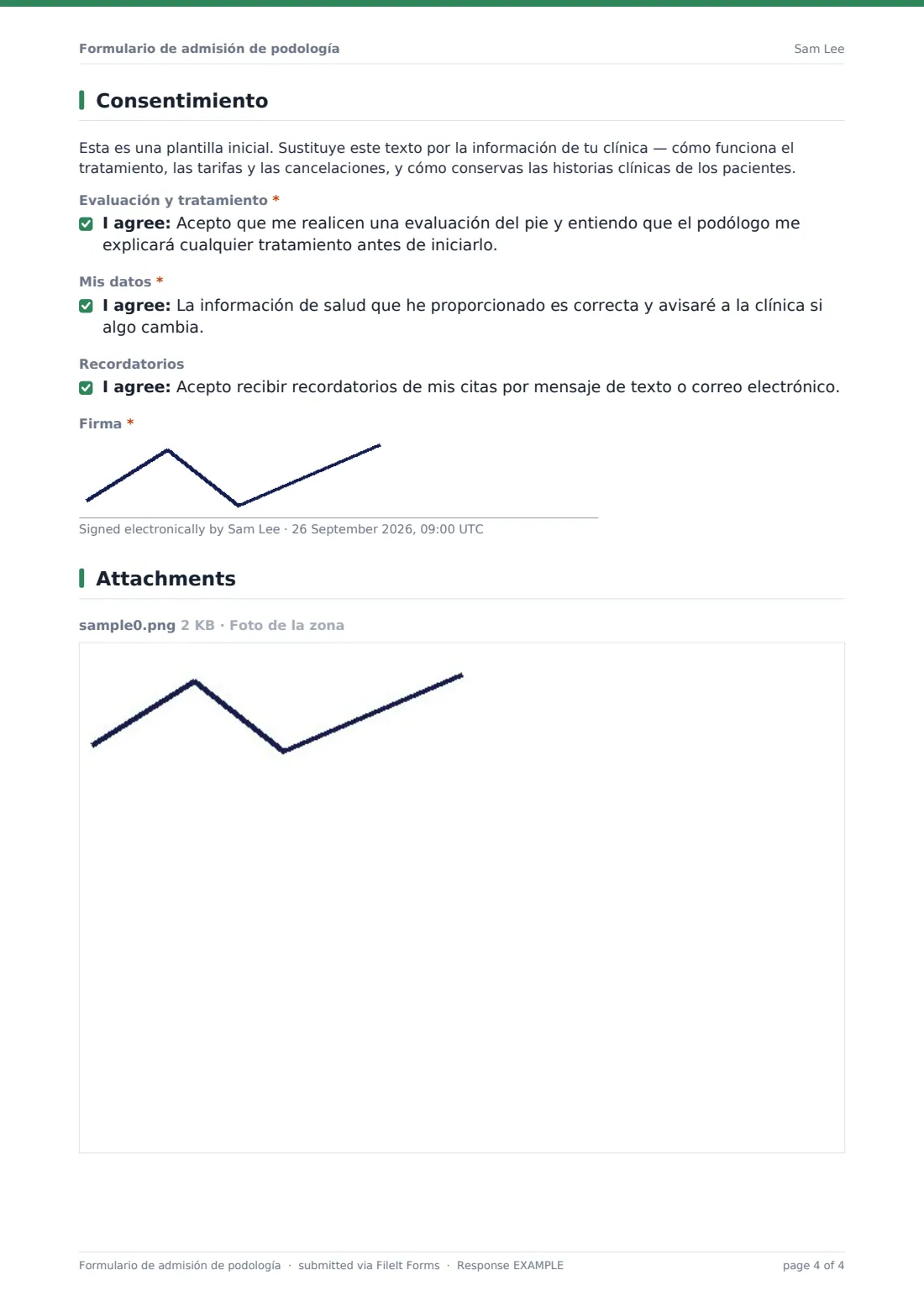 Formulario de admisión de podología — PDF de respuesta de ejemplo, página 4 de 4