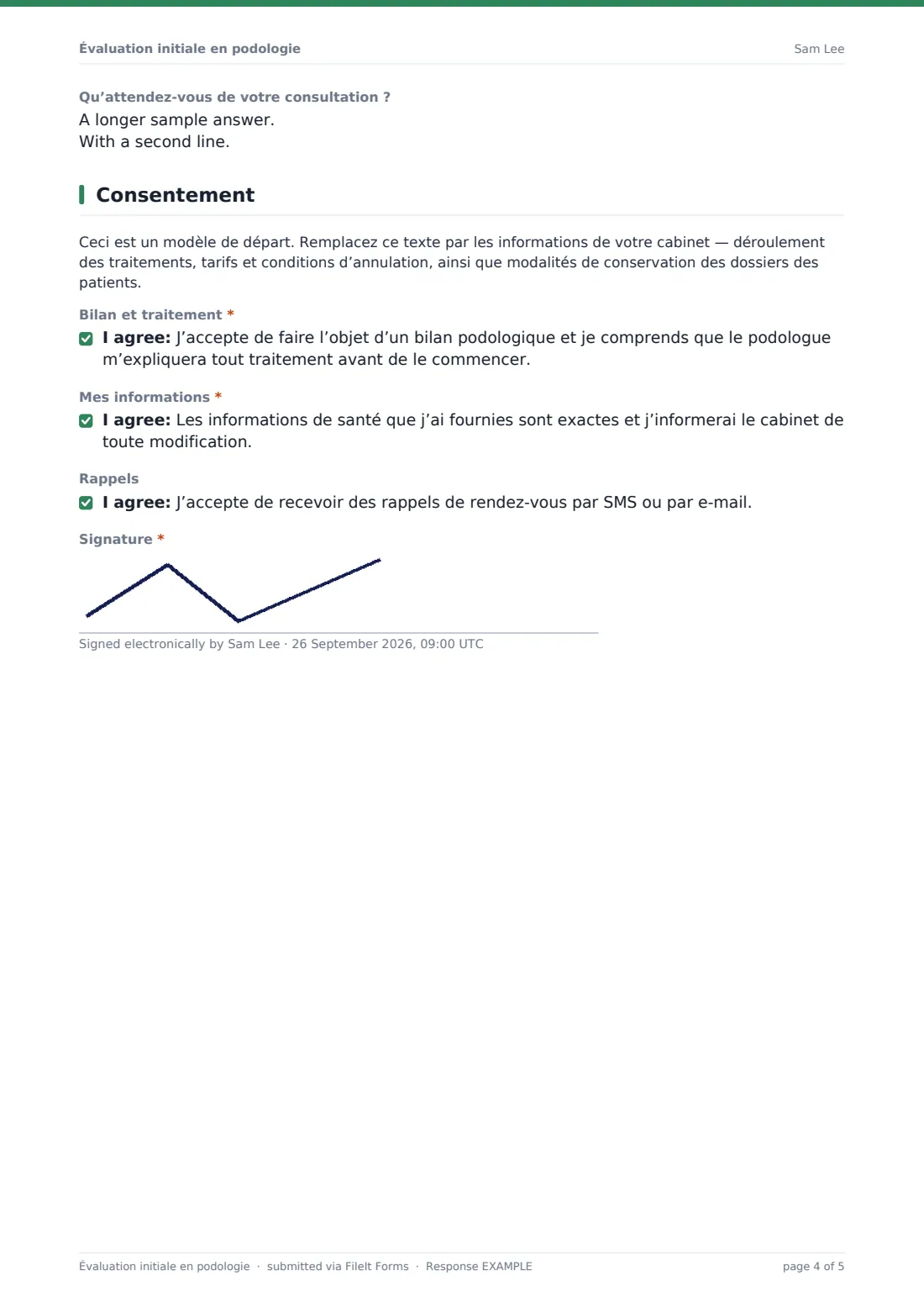 Évaluation initiale en podologie — exemple de réponse au format PDF, page 4 sur 5