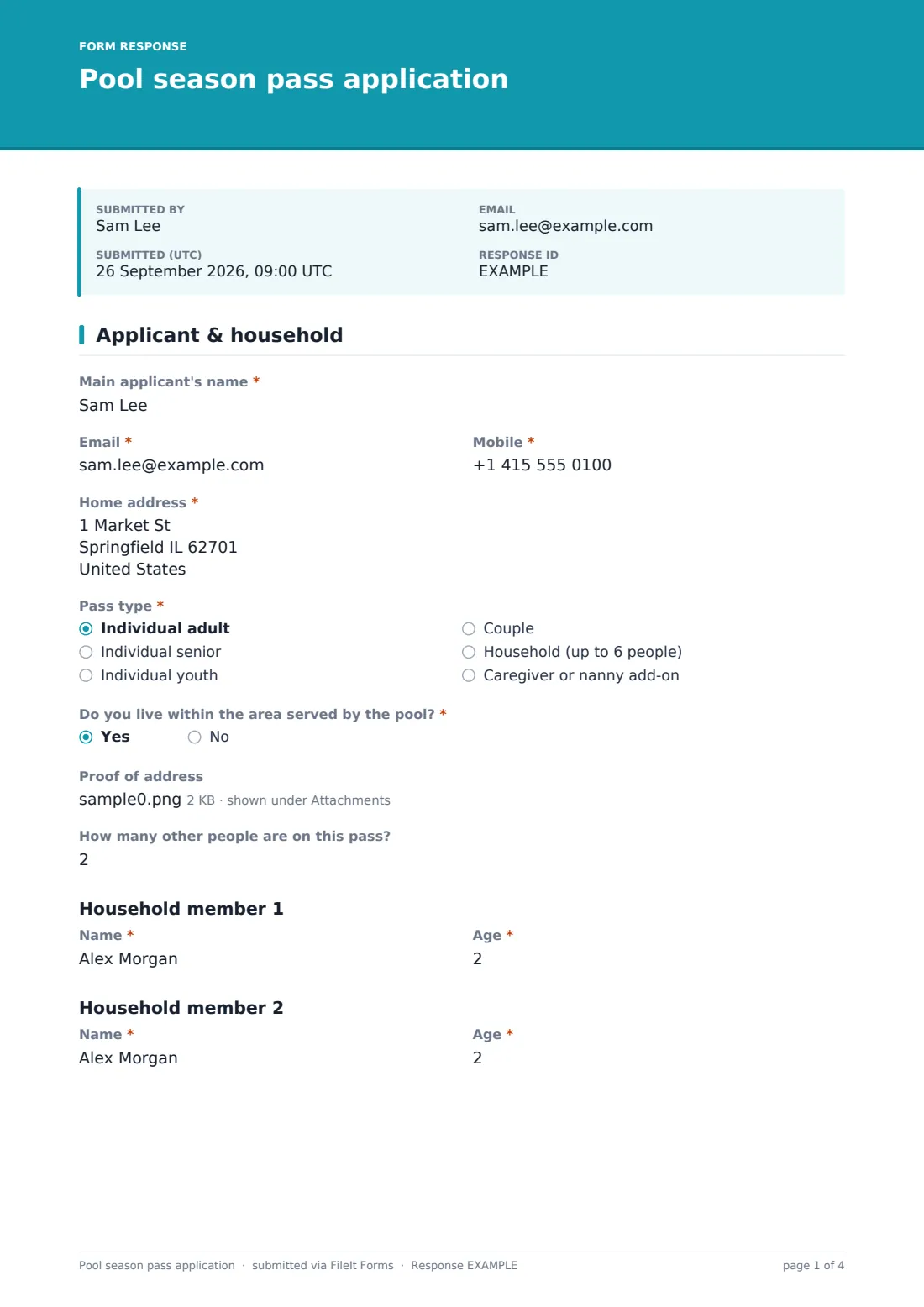 Pool season pass application — example response PDF, page 1 of 4