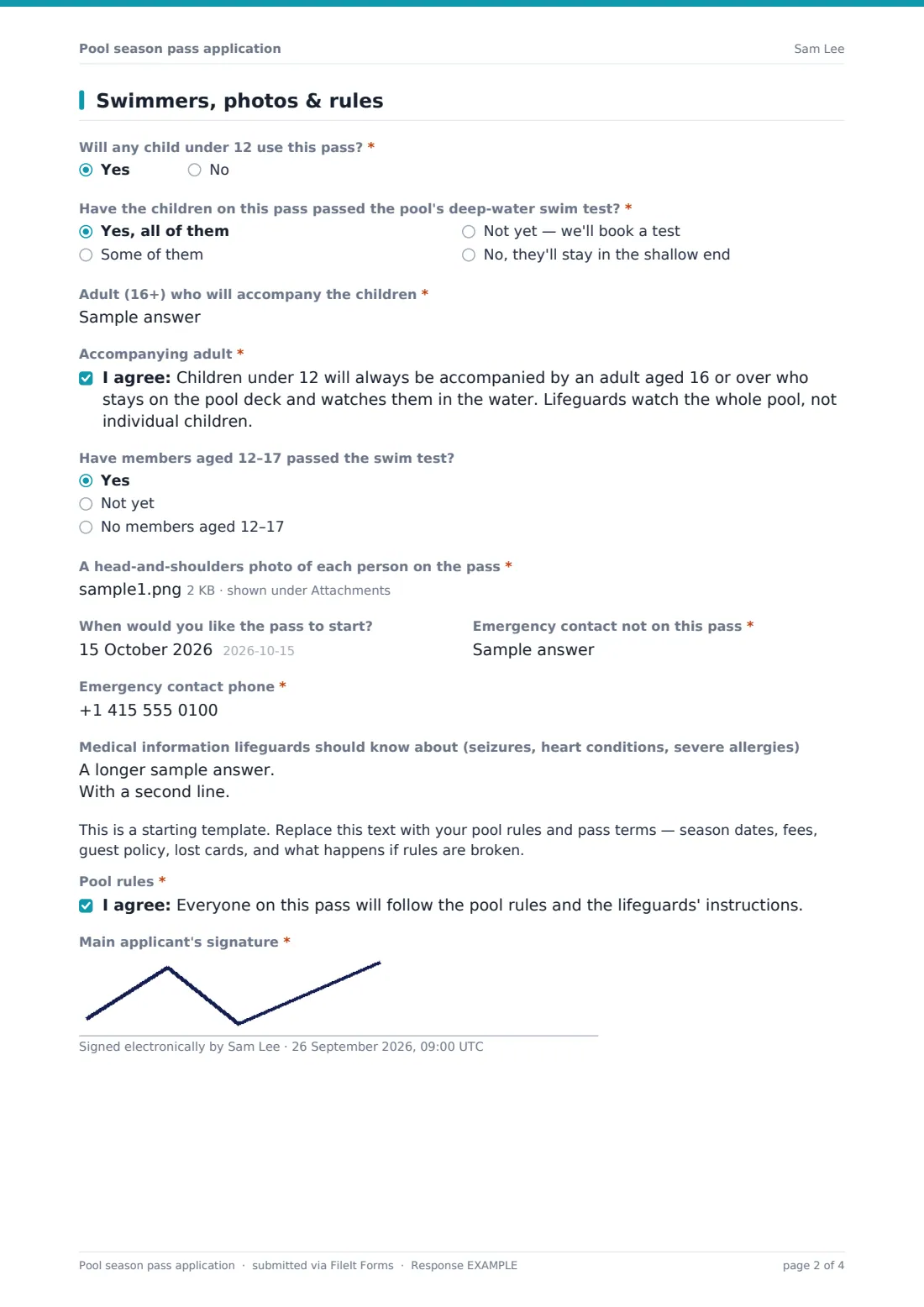 Pool season pass application — example response PDF, page 2 of 4